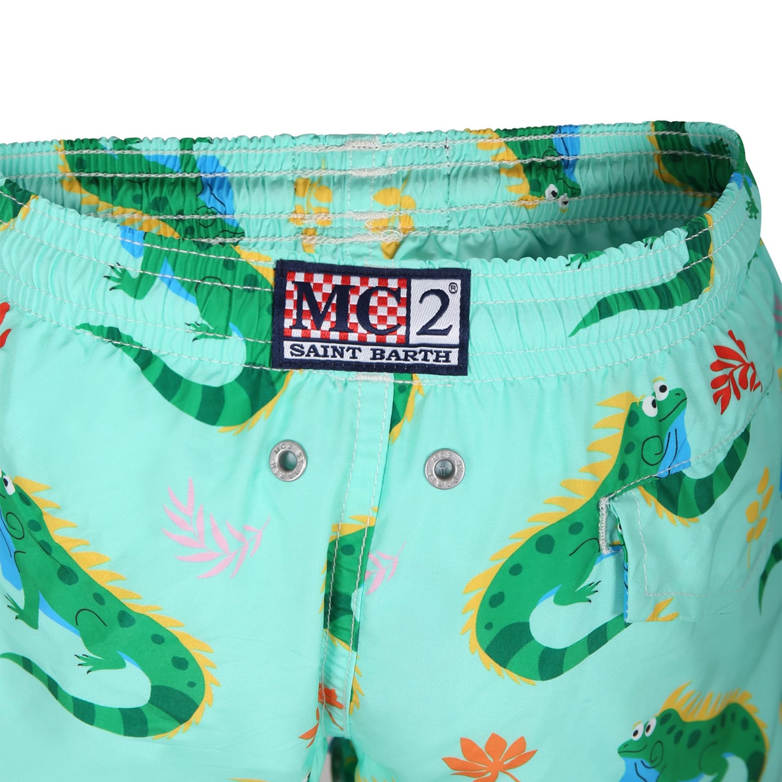 MC2 SAINT BARTH GREEN SWIMSHORTS FOR BOY WITH IGUANA PRINT AND LOGO 