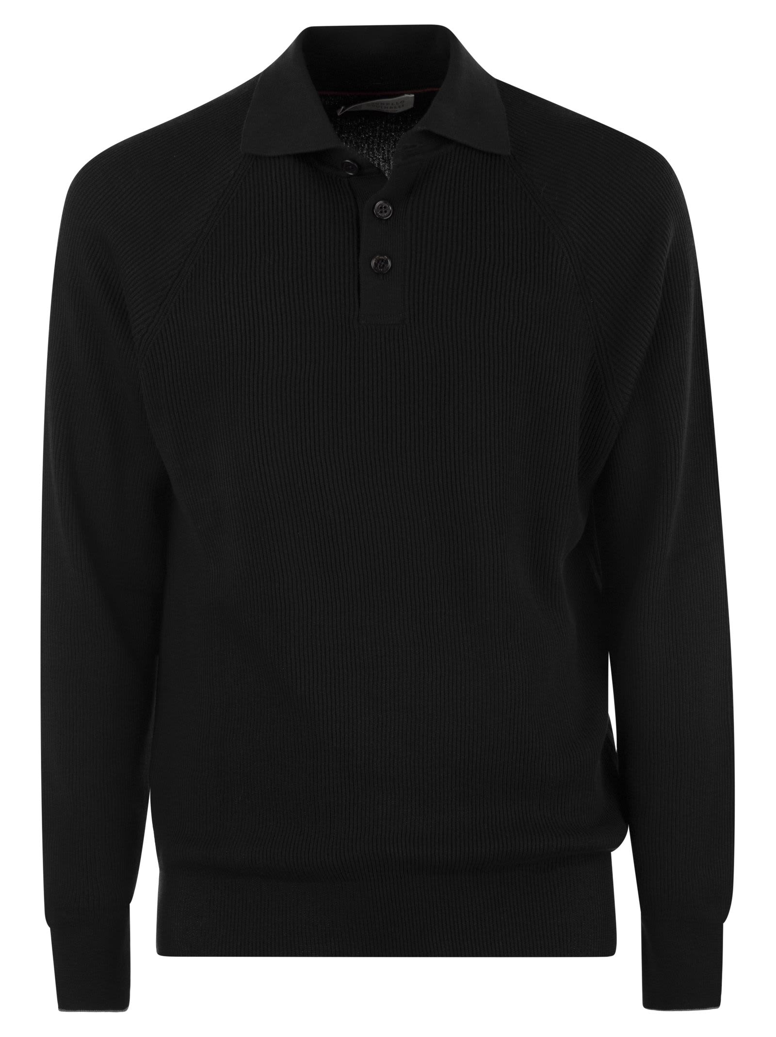 Shop Brunello Cucinelli Cotton Rib Knit Polo Shirt With Long Raglan Sleeve In Black