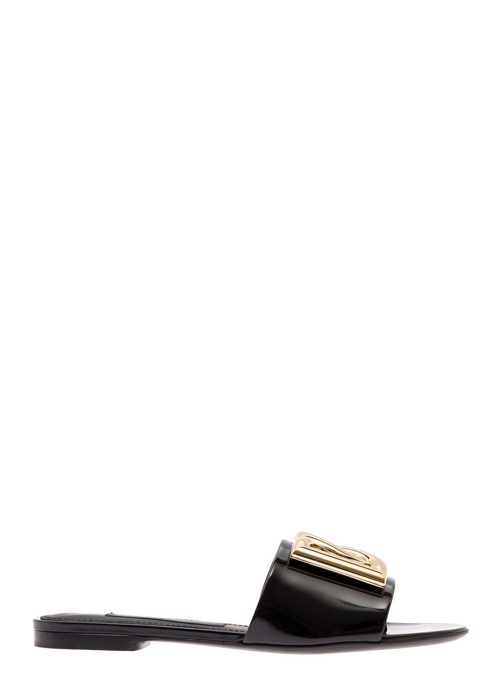 DOLCE & GABBANA BLACK SLIDERS WITH METAL DG LOGO IN POLISHED LEATHER WOMAN