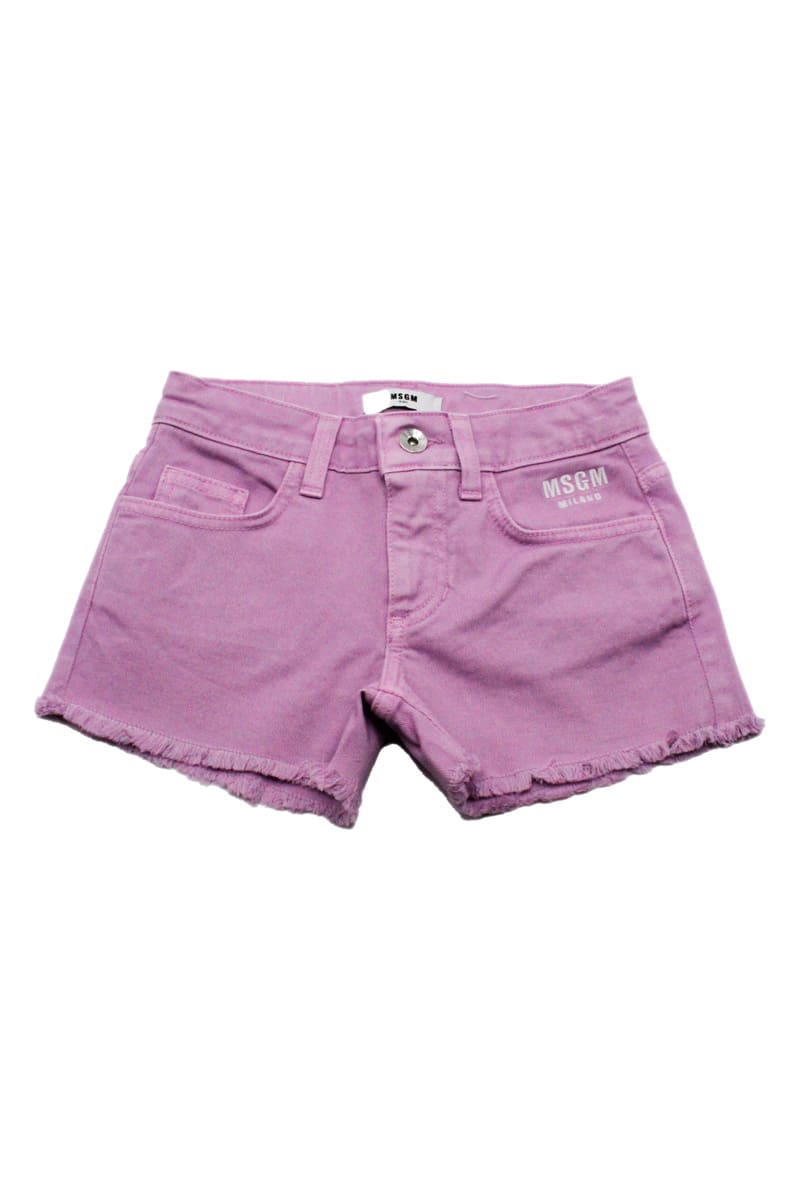 Shop Msgm Denim Shorts With Fringes In Pink