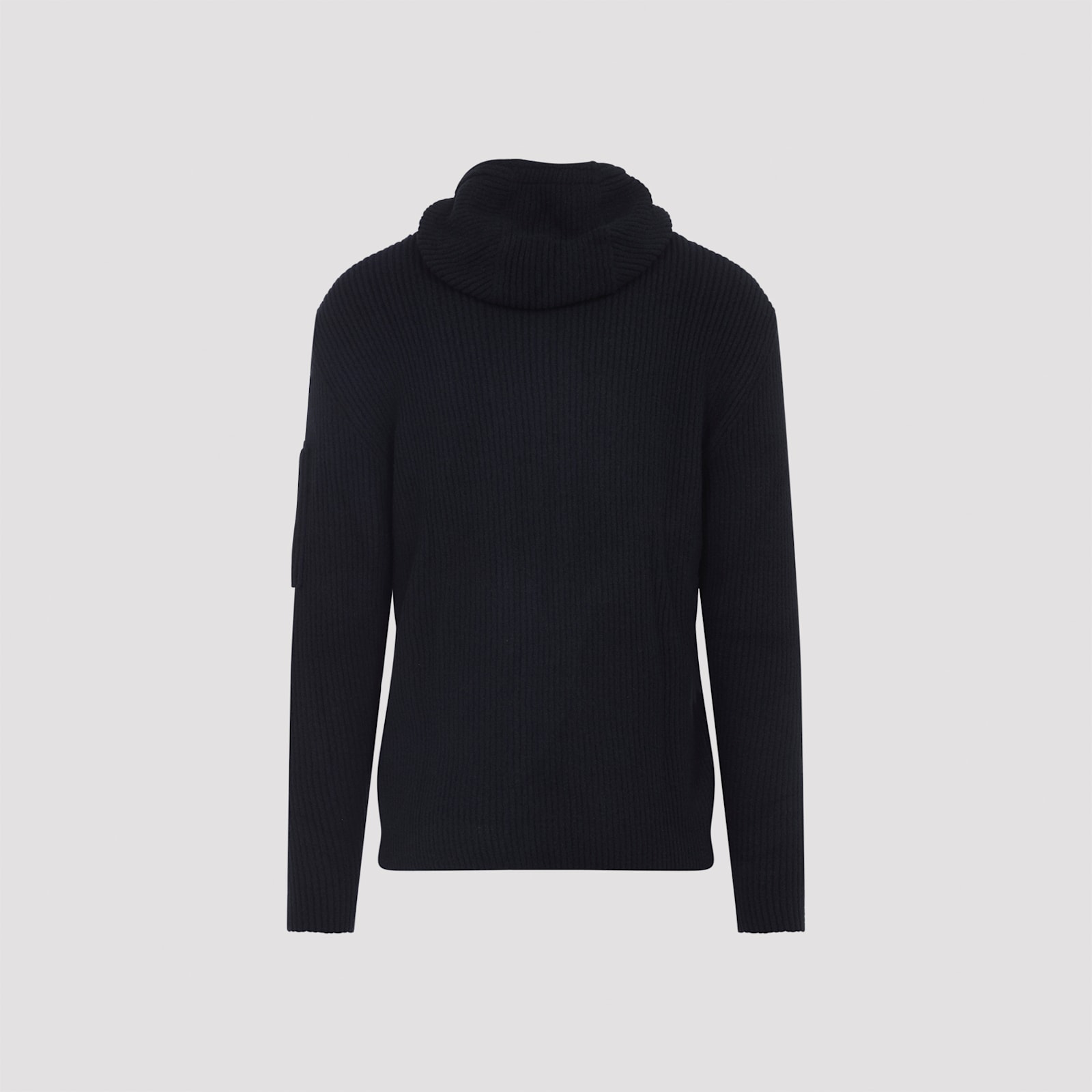 C.p. Company Signature Lens Ribbed Knit Cardigan With Hood In Black