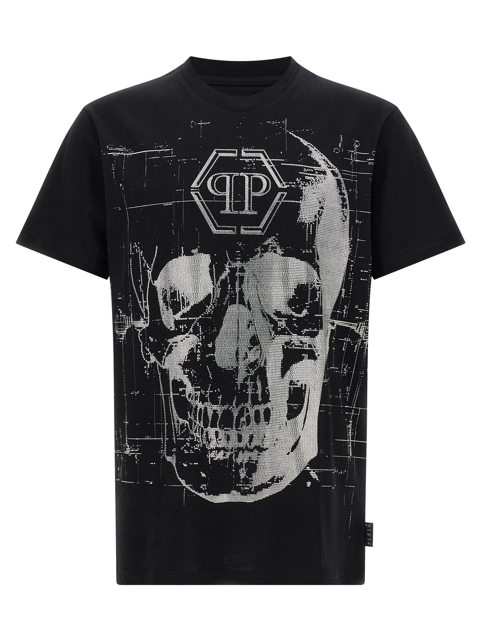 Philipp Plein Crew Neck Black T-shirt With Crystal Skull Design And Logo Patch In Black