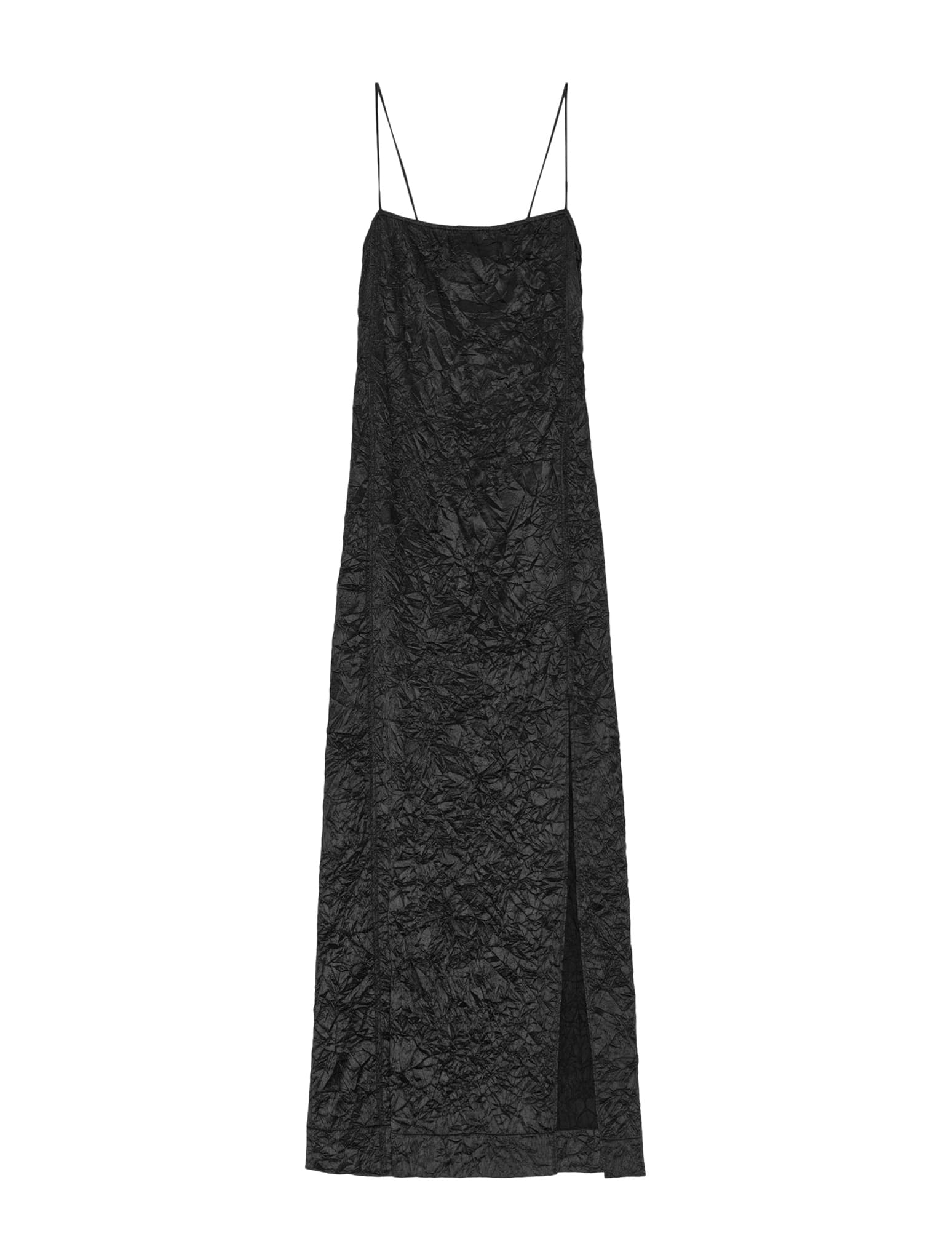 Shop Ganni Crinkled Satin Midi Slip Dress In Black