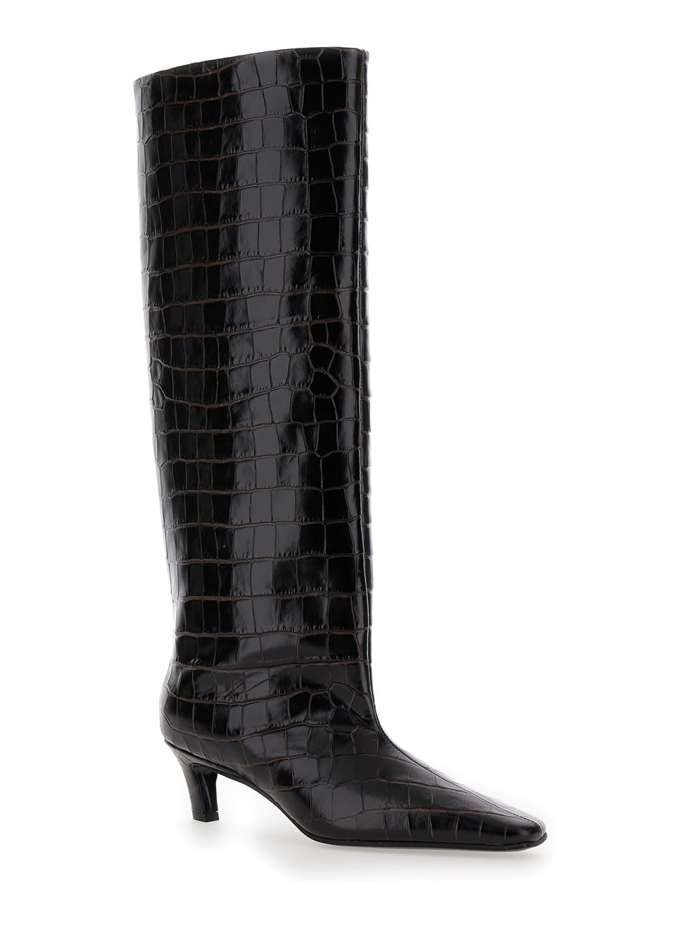 Shop Totême The Wide Shaft Brown Pull-on Boots With Low Heel In Crocodile-embossed Leather Woman