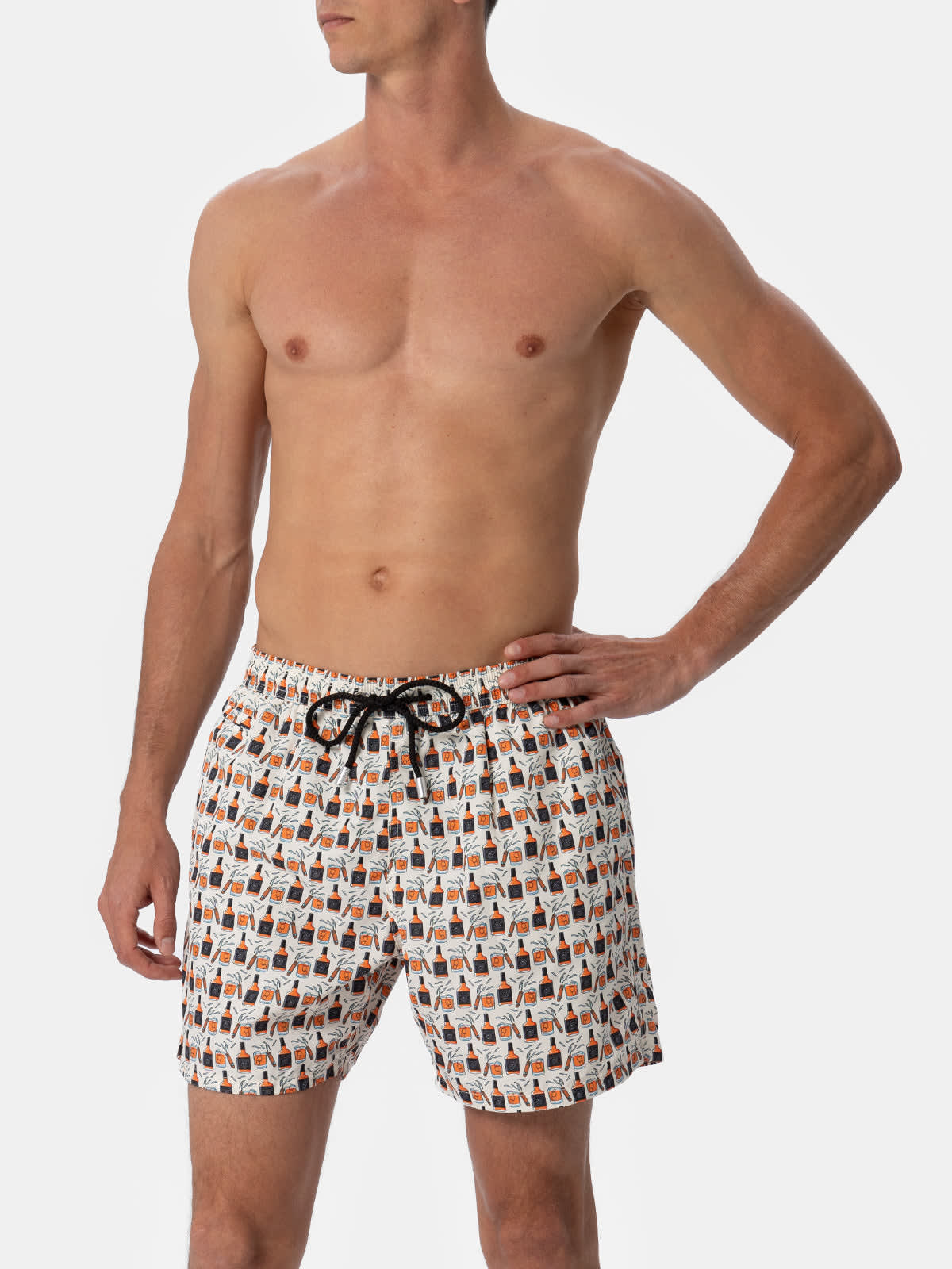 Mc2 Saint Barth Man Lightweight Fabric Swim-shorts Lighting Micro Fantasy With Whisky And Cigars Print In Brown