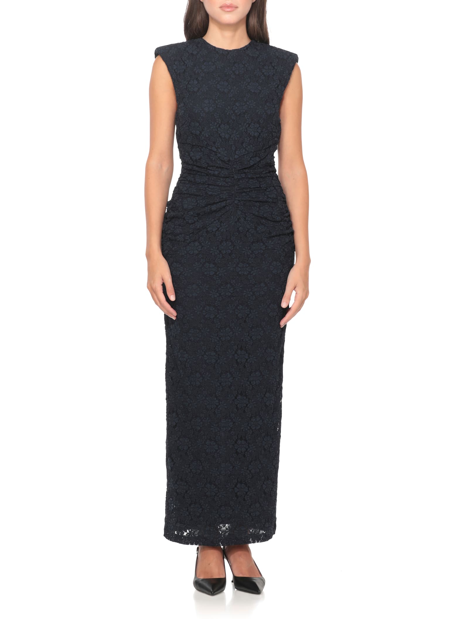 Rotate Birger Christensen Long Sleeveless Fitted Midi Dress With Textured Detailing In Blue