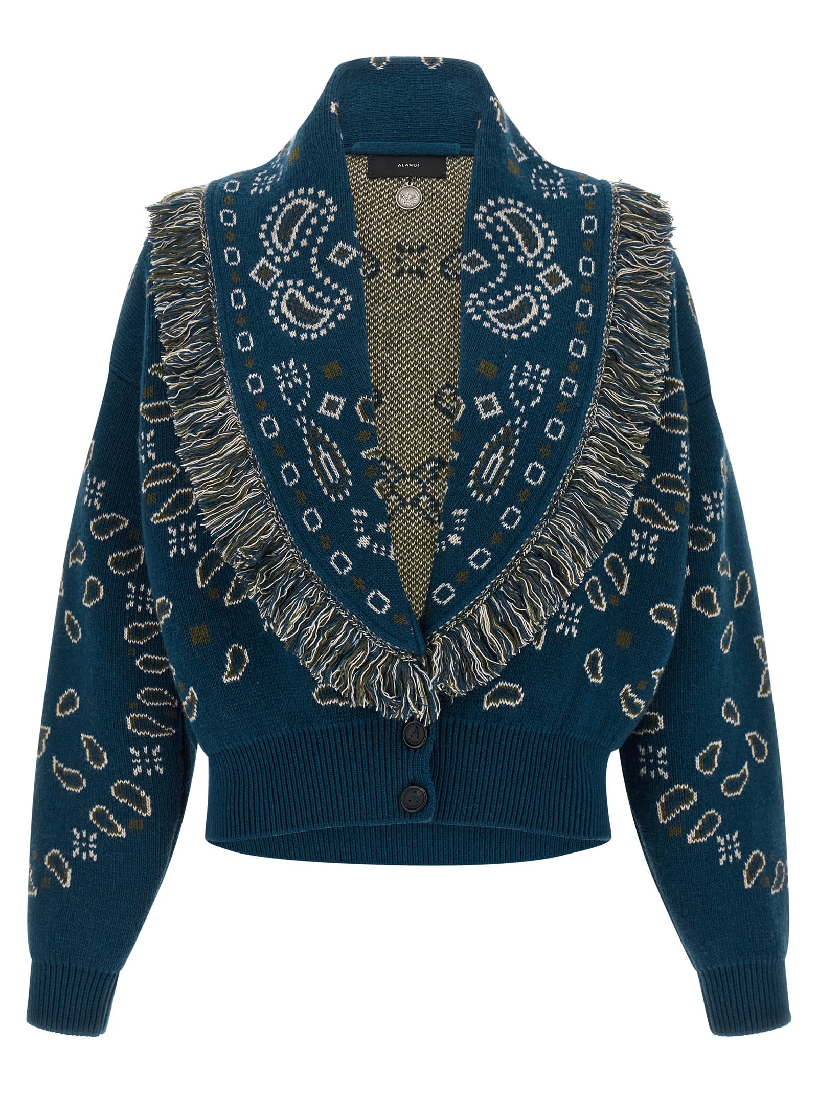 Alanui Thistle Fringe Patterned Bomber Knitwear In Blue