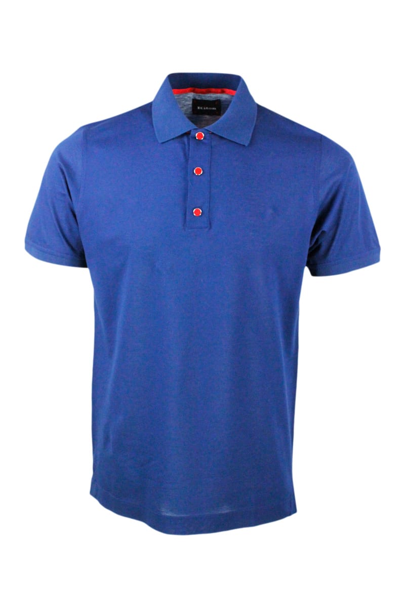 Shop Kiton Short-sleeved Polo Shirt In Very Soft Cotton Crepes With Closure With Three Press Studs With Logo In Blu