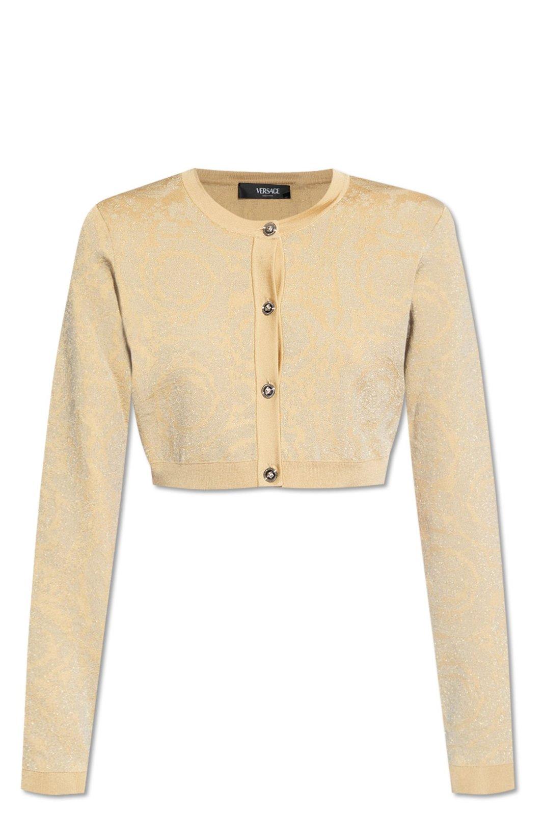 Shop Versace Barocco Button-up Cropped Cardigan In Beige