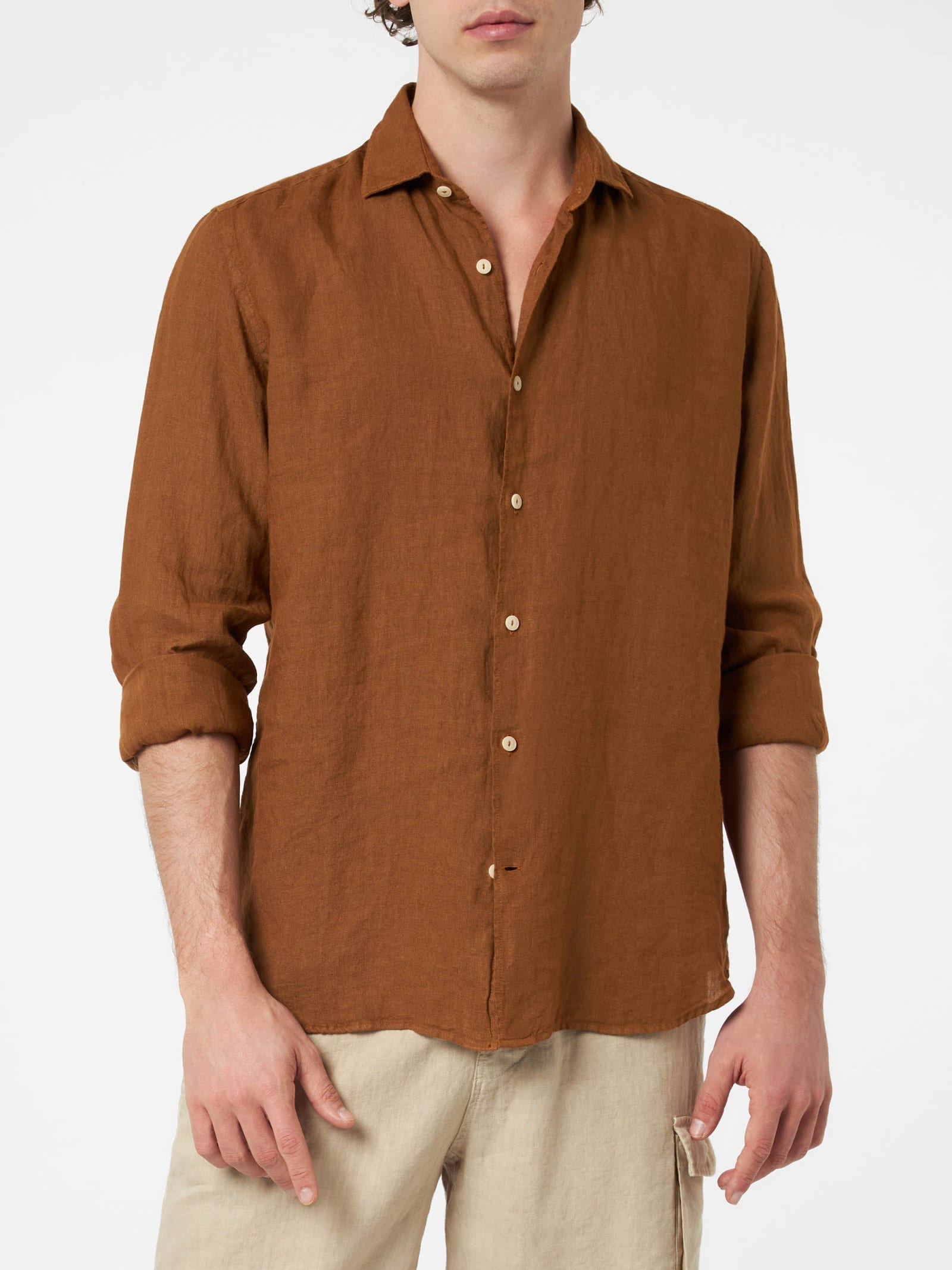 MC2 SAINT BARTH MAN CAMEL LINEN SHIRT PAMPLONA 