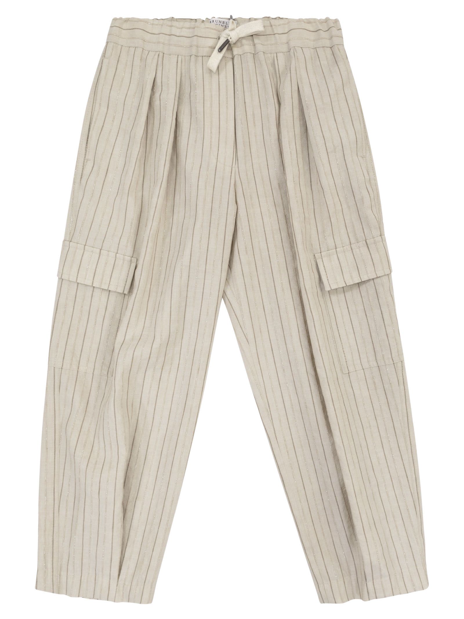 Brunello Cucinelli Kids' Linen Blend Comfort Cargo Trousers In Sand