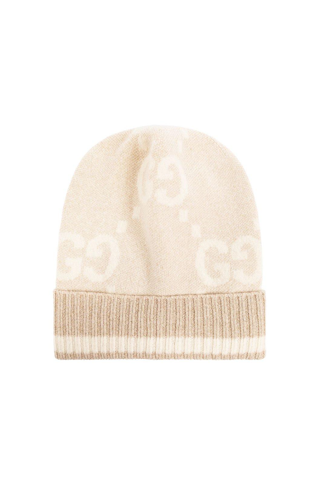 Shop Gucci Gg Damier Jacquard Ribbed Knit Beanie In Camel