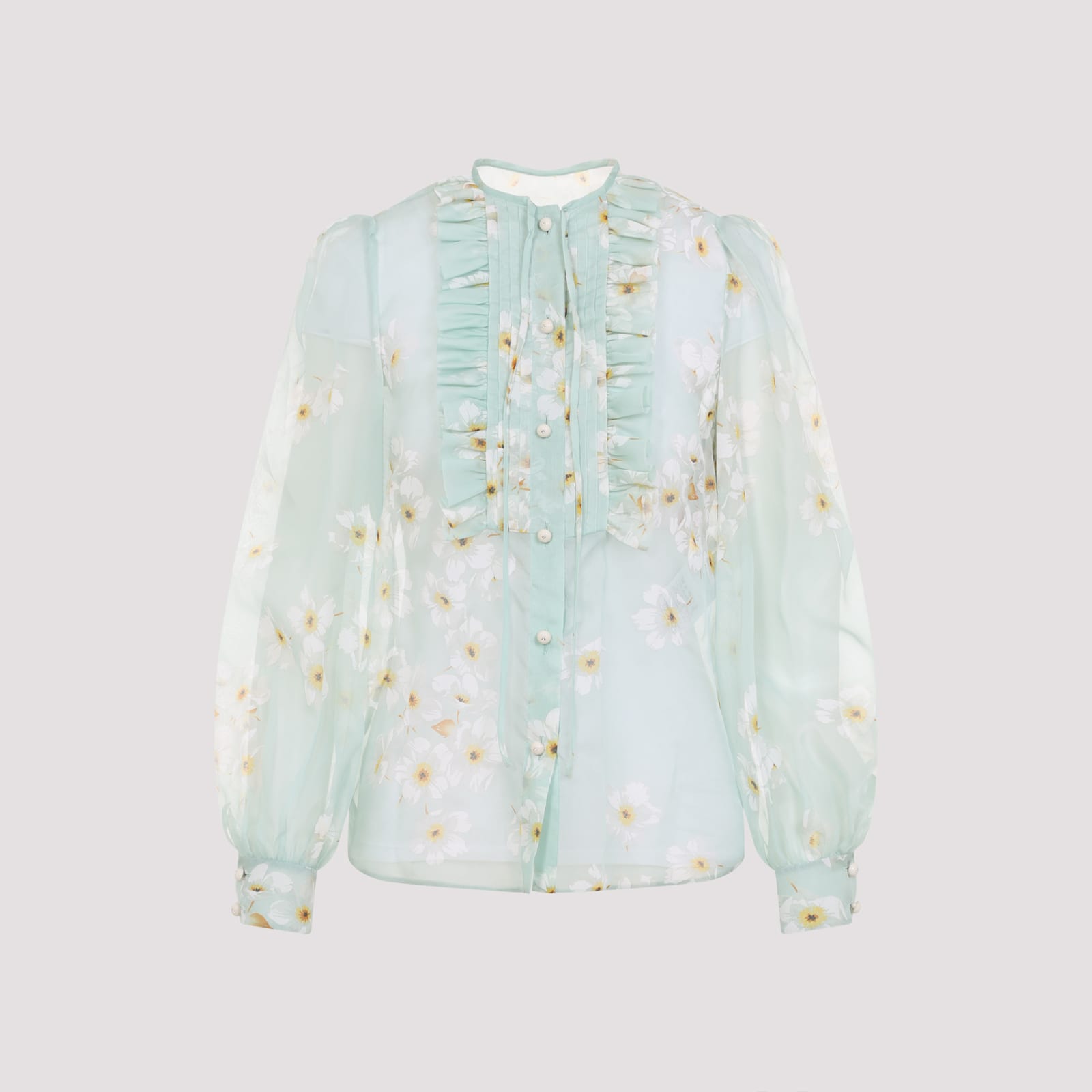 Valentino Silk Shirt With Balloon Sleeves And Floral Print In Blue