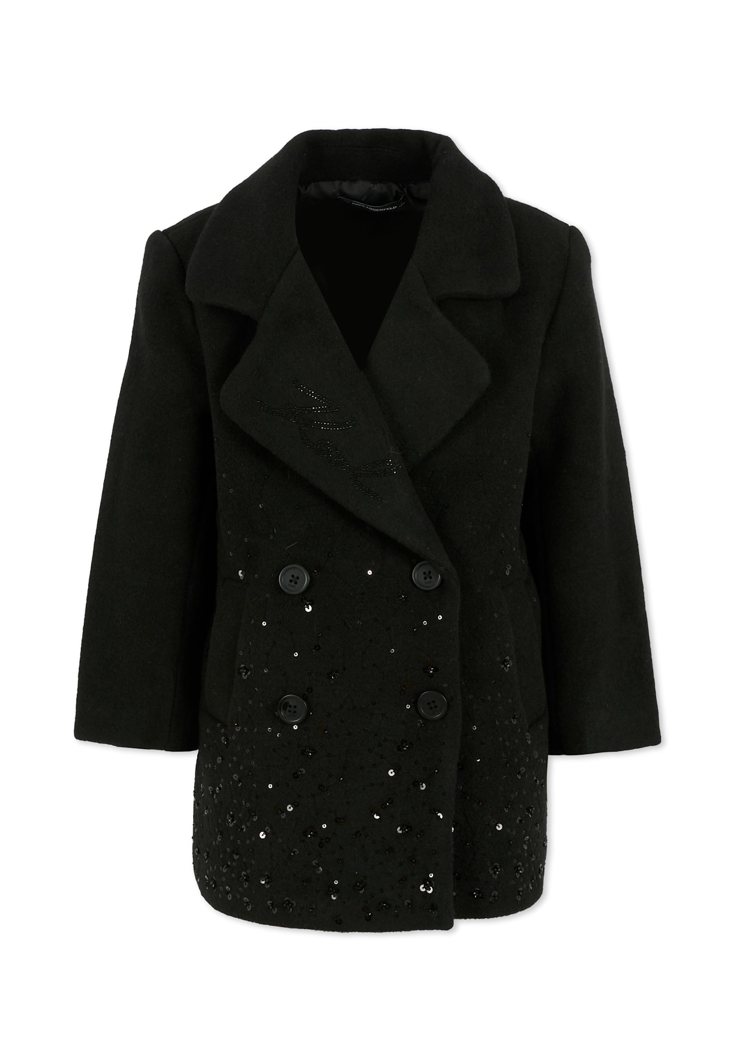 Karl Lagerfeld Black Coat For Girl With Logo In Black