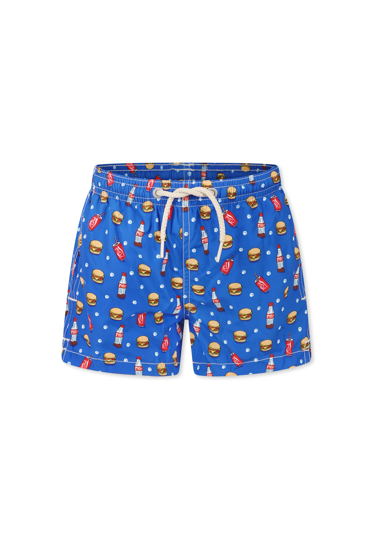 MC2 SAINT BARTH LIGHT BLUE SWIM SHORTS FOR BOY WITH HAMBURGER AND COLA PRINT