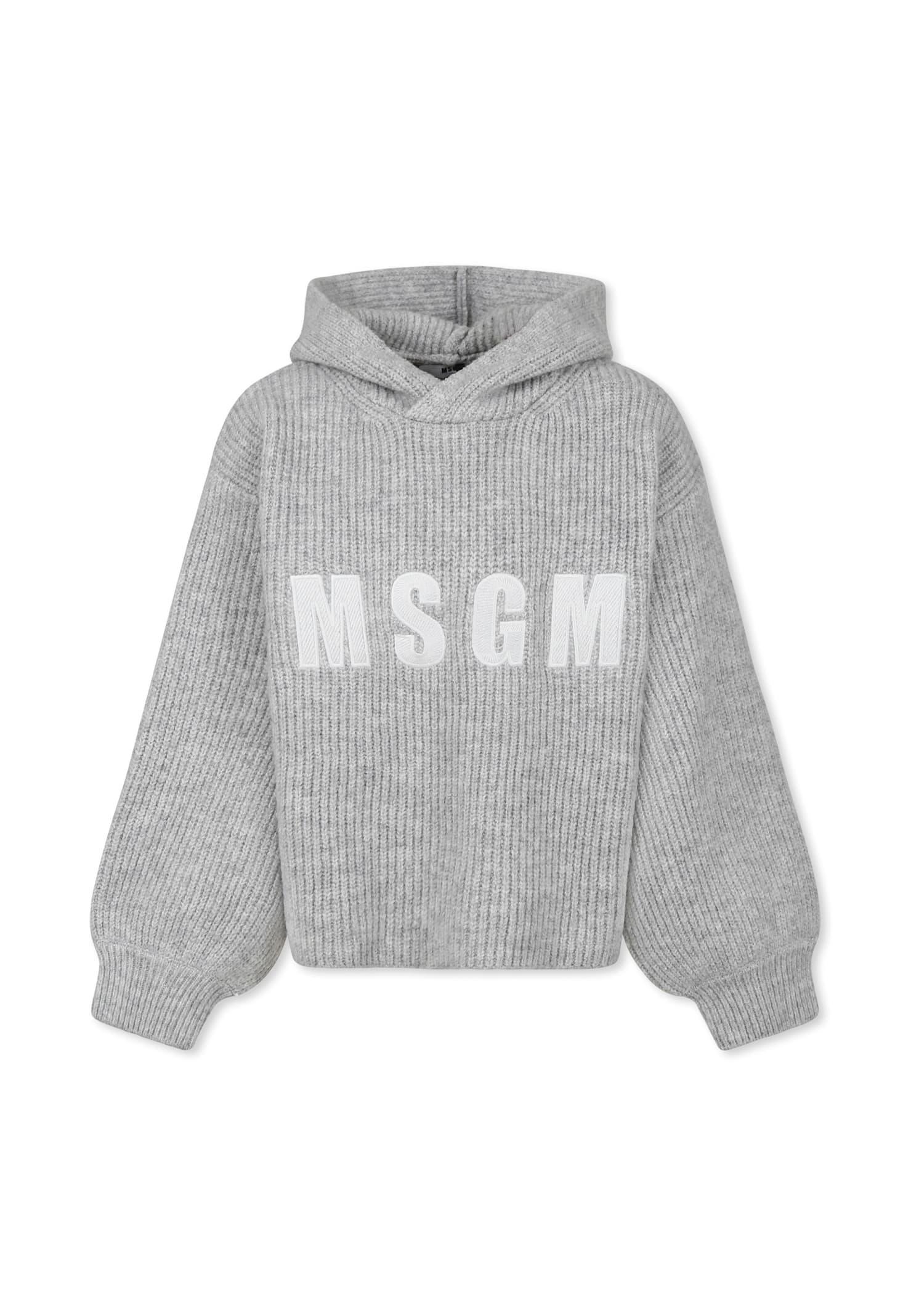 Msgm Grey Crop Sweater For Girl With Logo In Gray