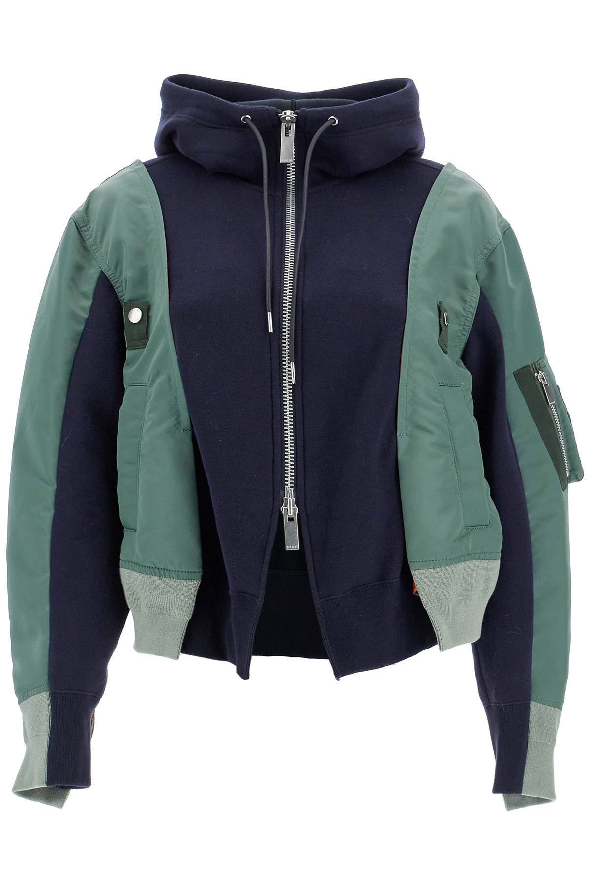 Shop Sacai Hybrid Sweatshirt With Zip And Hood In Navy×b/khaki (blue)