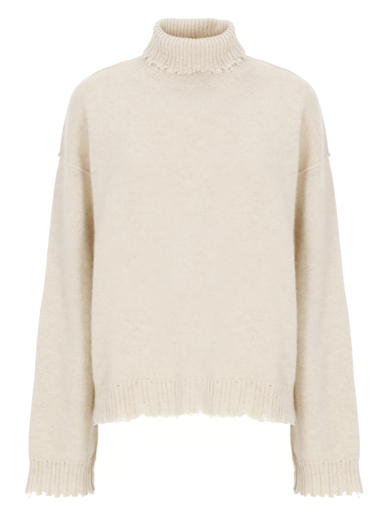 Uma Wang Beige High Neck Cashmere Sweater With Distressed Hem In Neutral