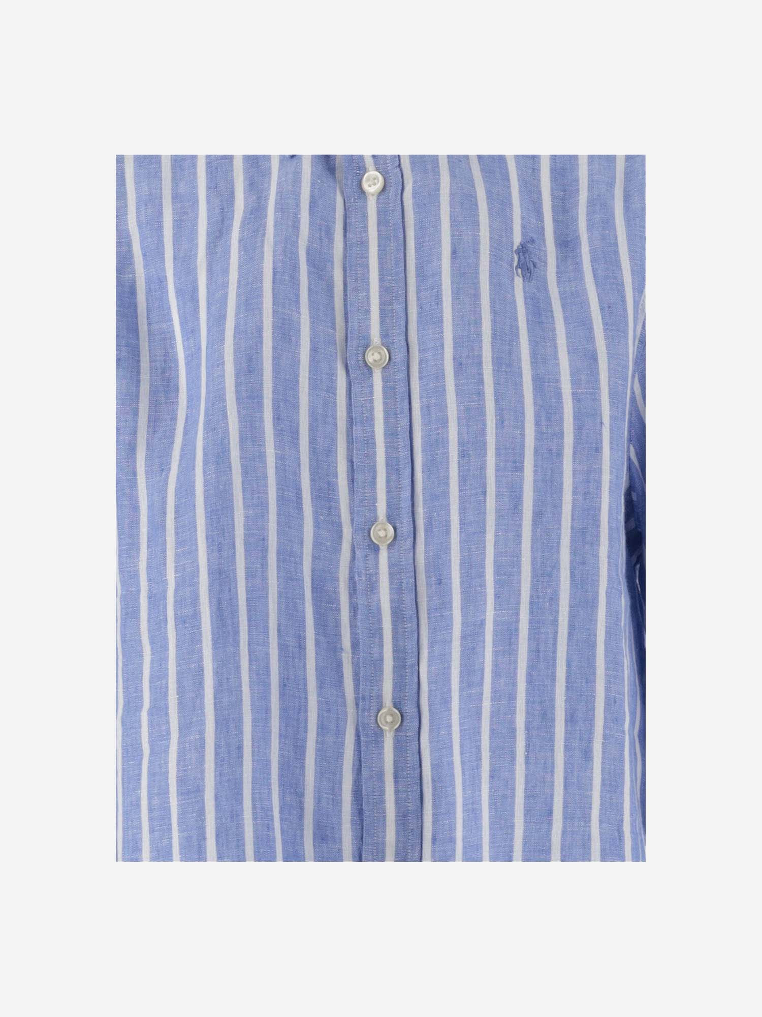 Shop Ralph Lauren Striped Linen Shirt With Logo In Light Blue