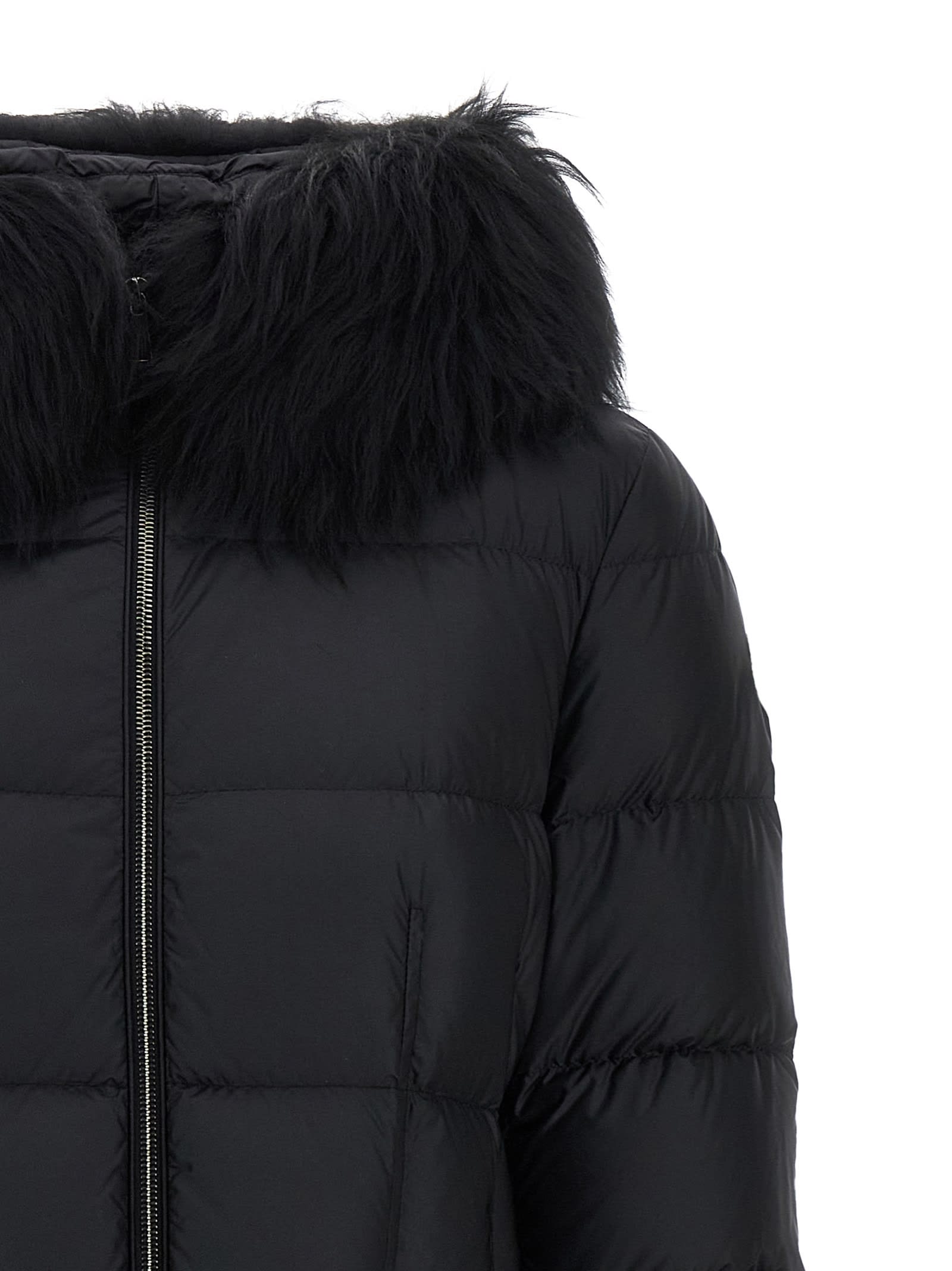 Moncler Boedic Hooded Shearling-trimmed Long Down Jacket Clothing In Black