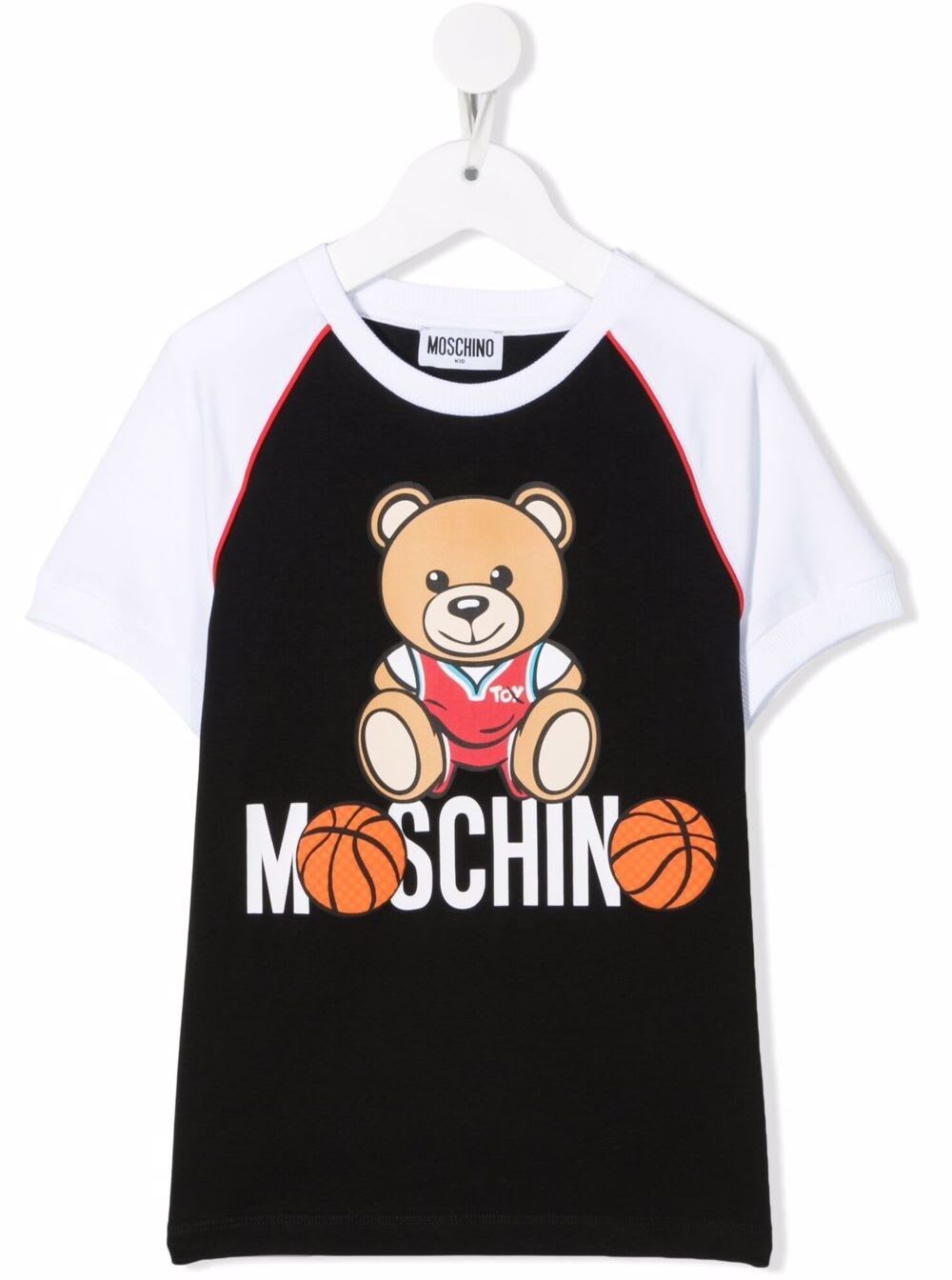 Moschino Kids Boys Black And White Cotton T-shirt With Bear Logo Print