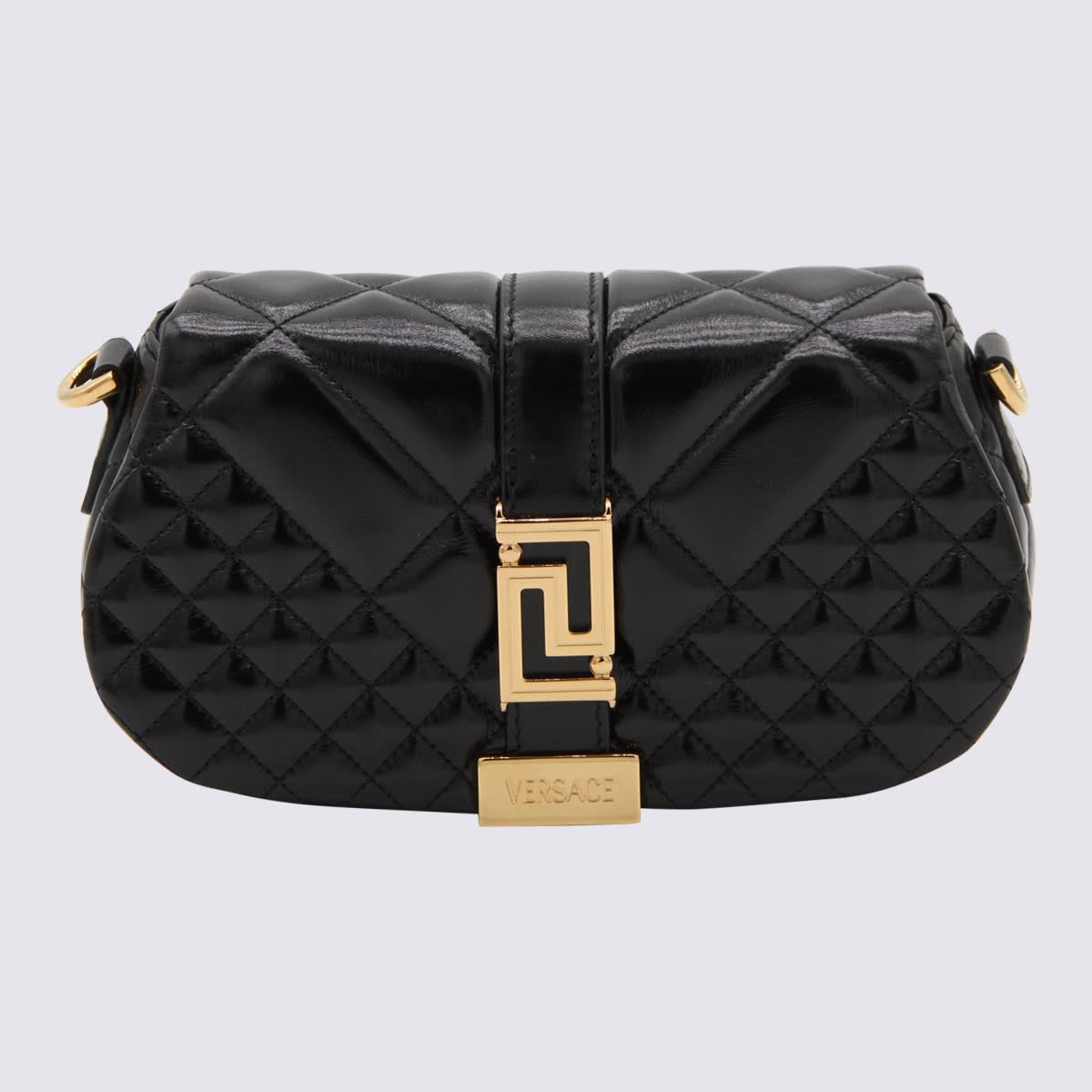 Shop Versace Black Leather Greca Shoulder Bag