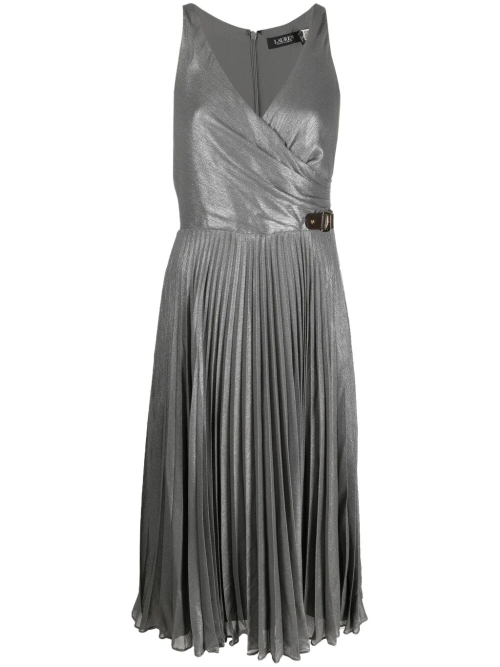 Ralph Lauren Dreshawn Sleeveless Cocktail Midi Dress In Modern Slate Silver Foil