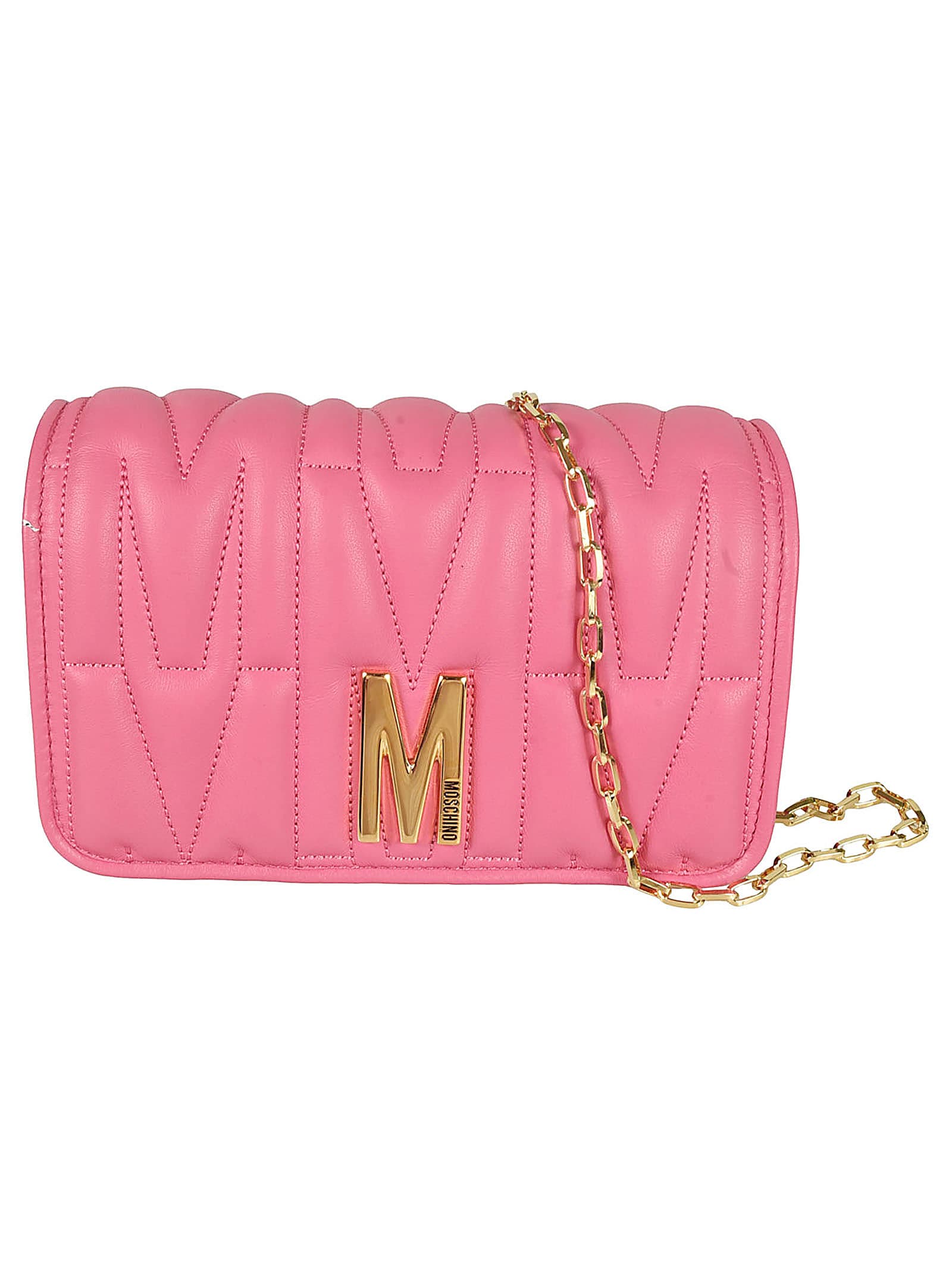 Shop Moschino M Plaque Quilted Flap Chain Shoulder Bag In Pink