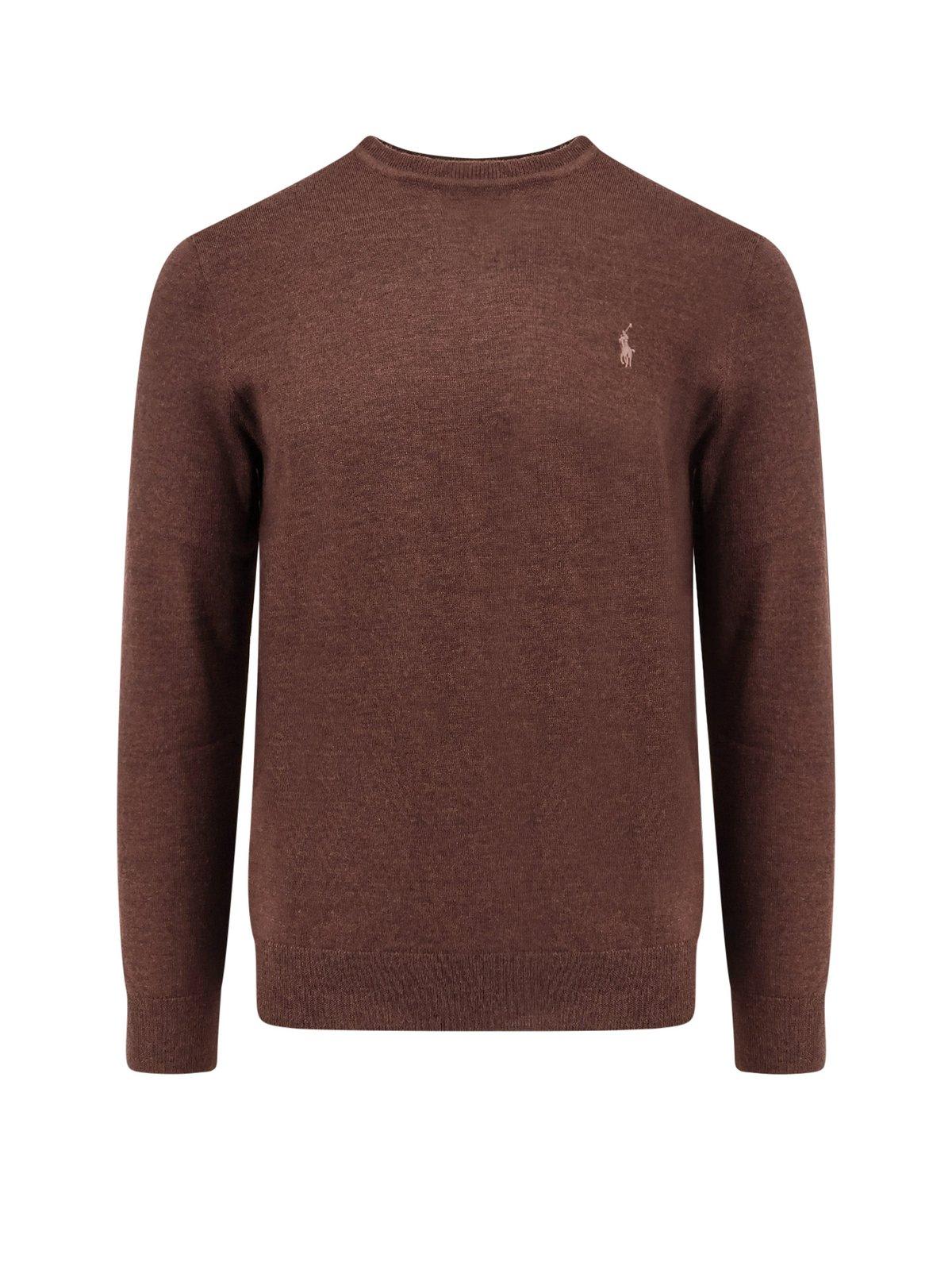 Shop Ralph Lauren Logo Embroidered Crewneck Jumper In Cacao Brown Heather