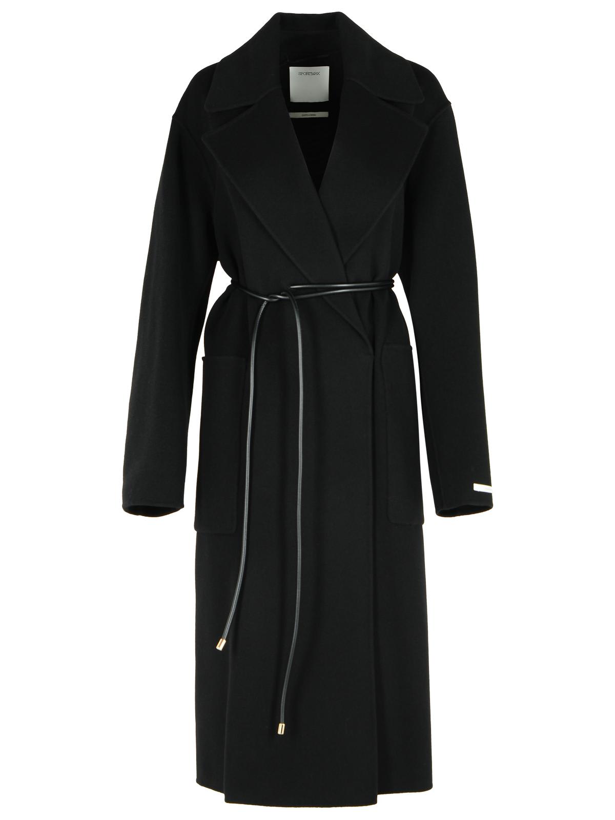 Sportmax Waist Belted Long Coat With Notched Lapels In Black