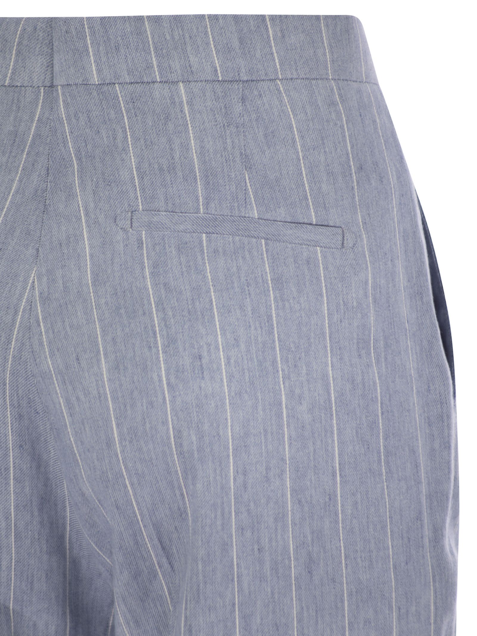 Tagliatore Women Pinstripe Trousers In Linen And Stretch Cotton In Light Blue