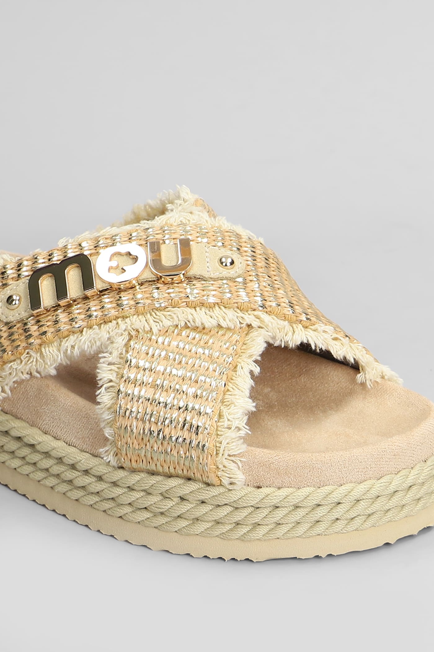 Shop Mou Crisscross Flats In Beige Raffia