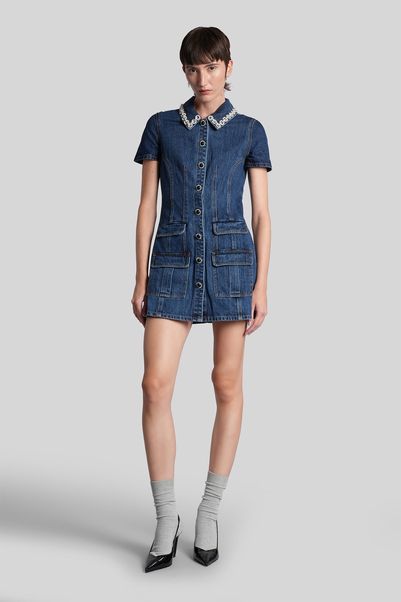 Self-portrait Fitted Denim Dress With Strass-detail Collar In Blue