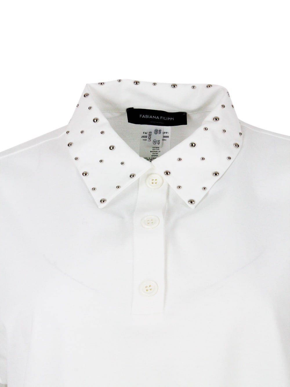 Shop Fabiana Filippi 3-button Short-sleeved Cotton Jersey Polo Shirt Embellished With Studs On The Collar In White