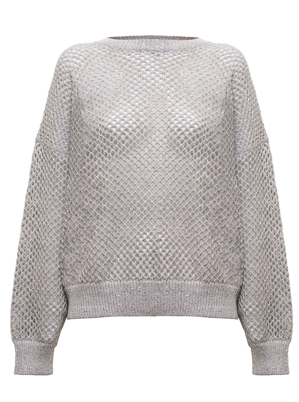 Brunello Cucinelli Grey Openwork Fabric Sweater With Sequins Woman