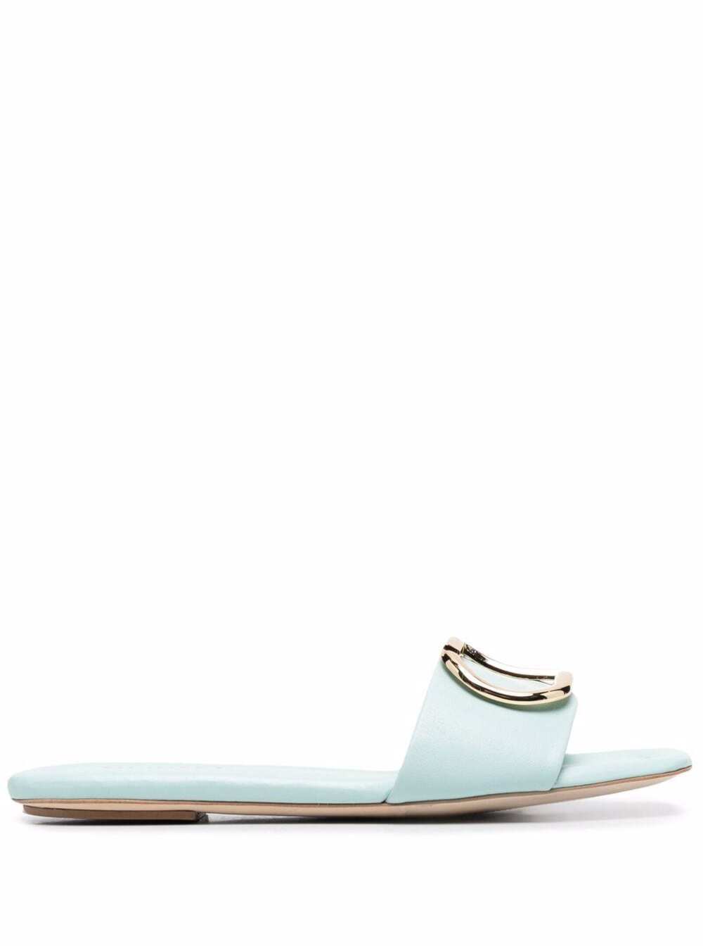TwinSet Twin Set Womans Light Blue Leather Slide Sandals With Logo Plate