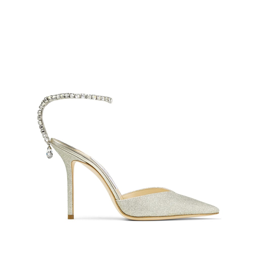 Jimmy Choo Saeda Glitter Crystal Ankle Strap Pointed Toe Pump In White