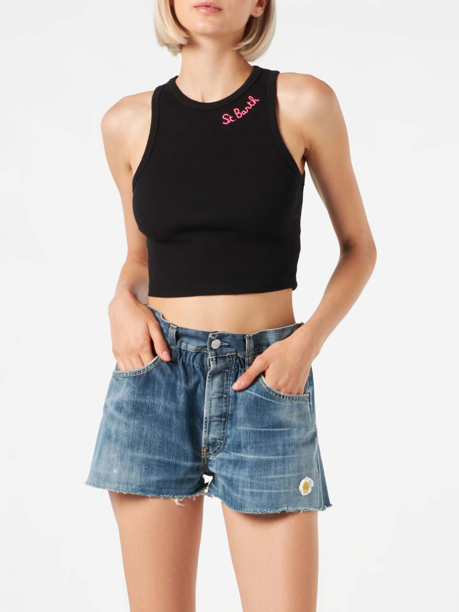 Shop Mc2 Saint Barth Cotton Crop Tank Top With St. Barth Embroidery In Black