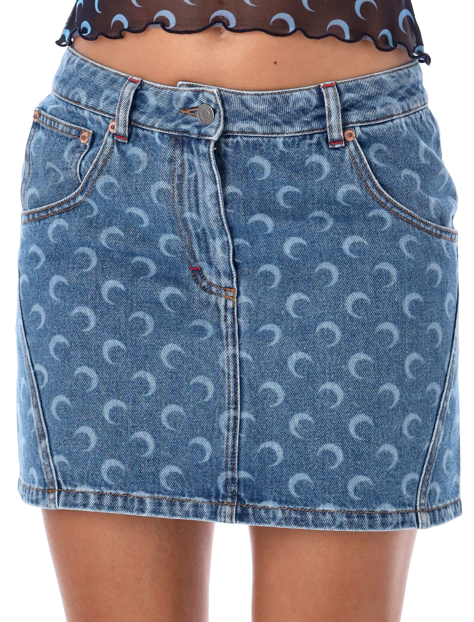 Shop Marine Serre Moon Denim Mini Skirt In Blue