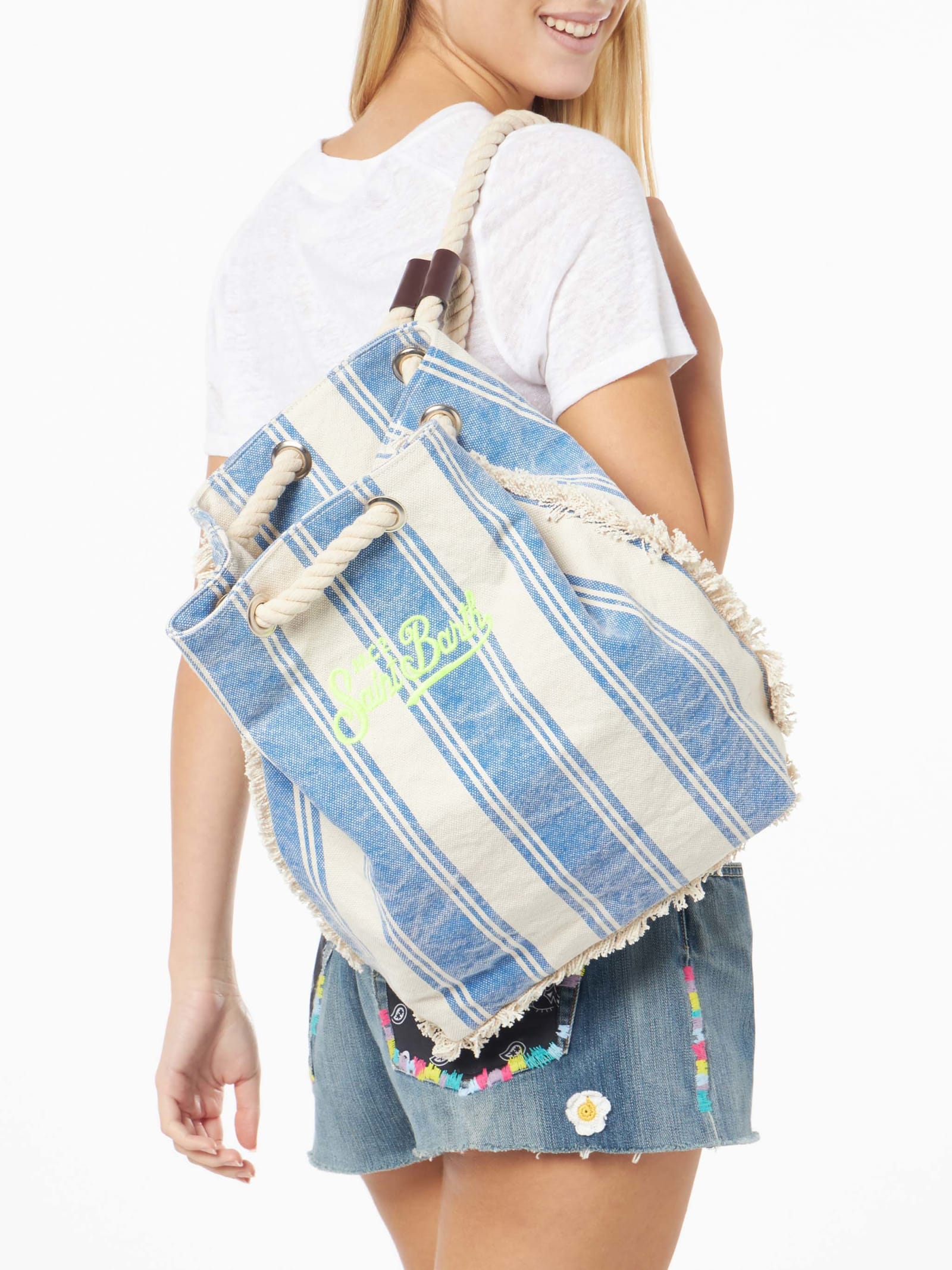 MC2 SAINT BARTH BOAT CANVAS BACKPACK WITH WHITE AND LIGHT BLUE STRIPES