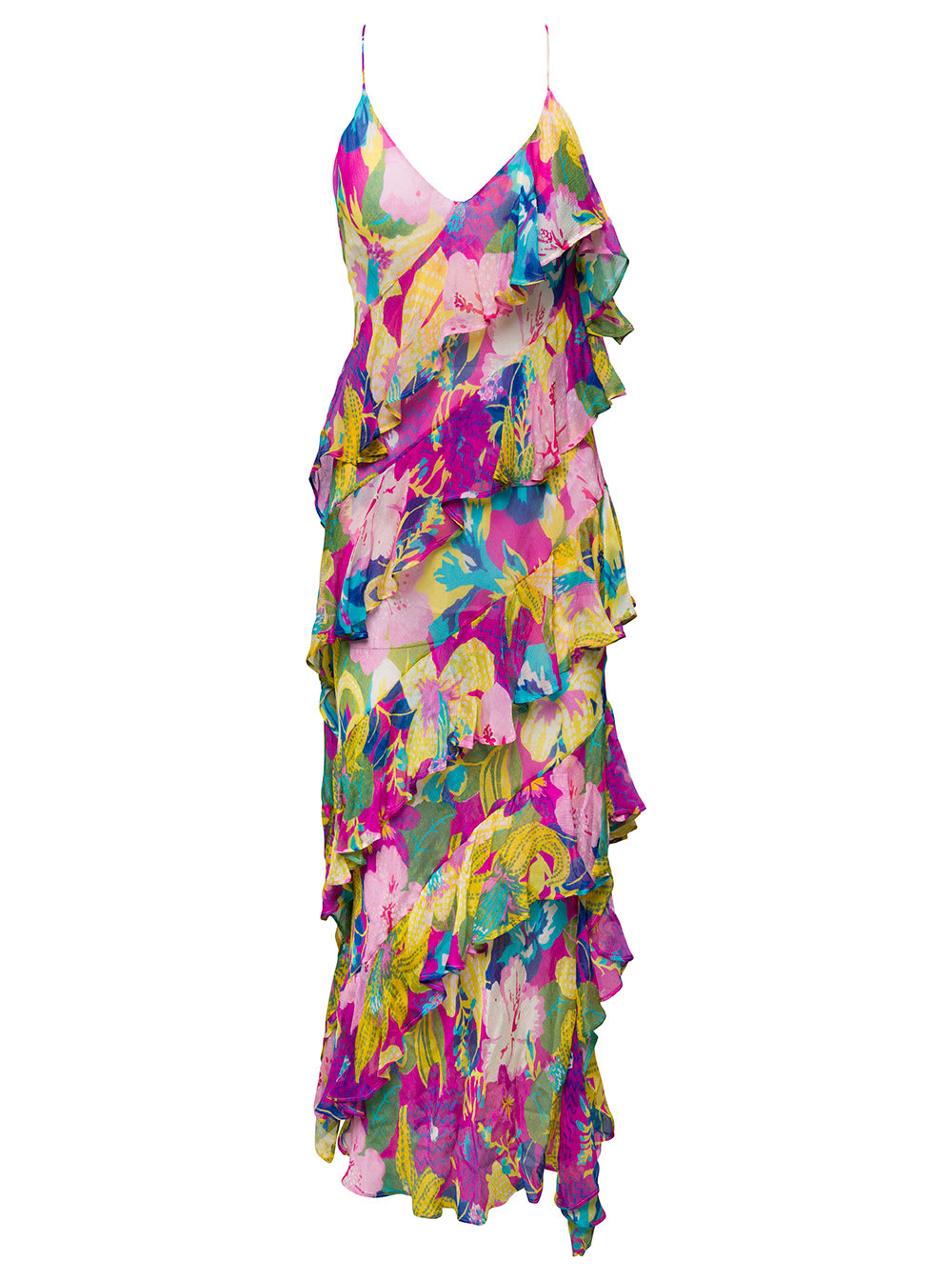 MSGM Long Dress With Frills Embellishment And Floreal Print In Viscose Woman