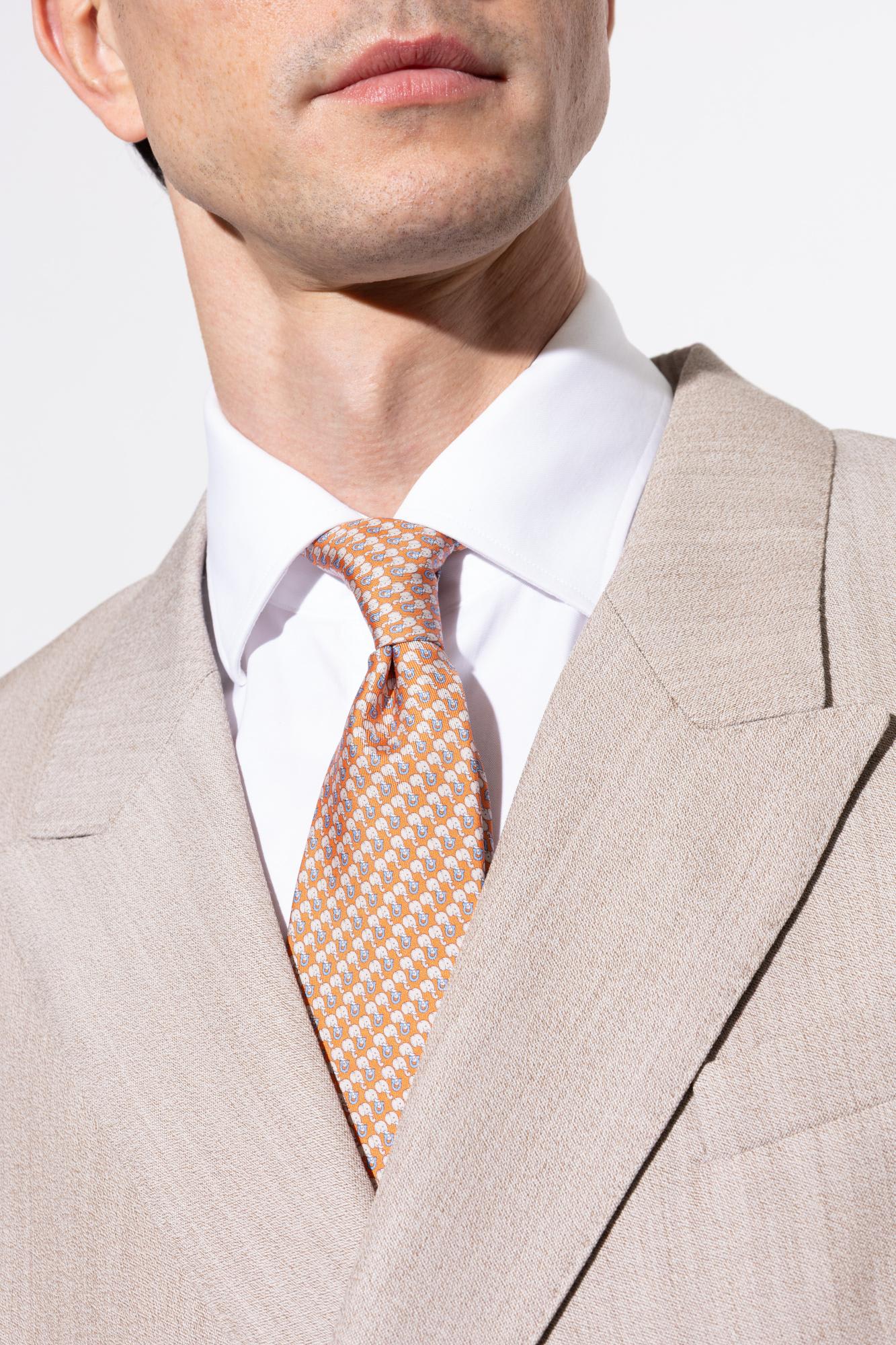 Ferragamo Elephant Print Silk Tie In Orange