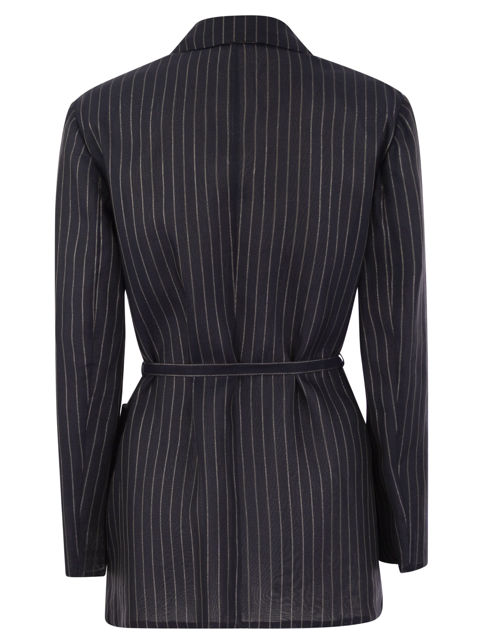 Shop Brunello Cucinelli Sparkling Stripe Cotton Gauze Jacket With Belt And Necklace In Night Blue