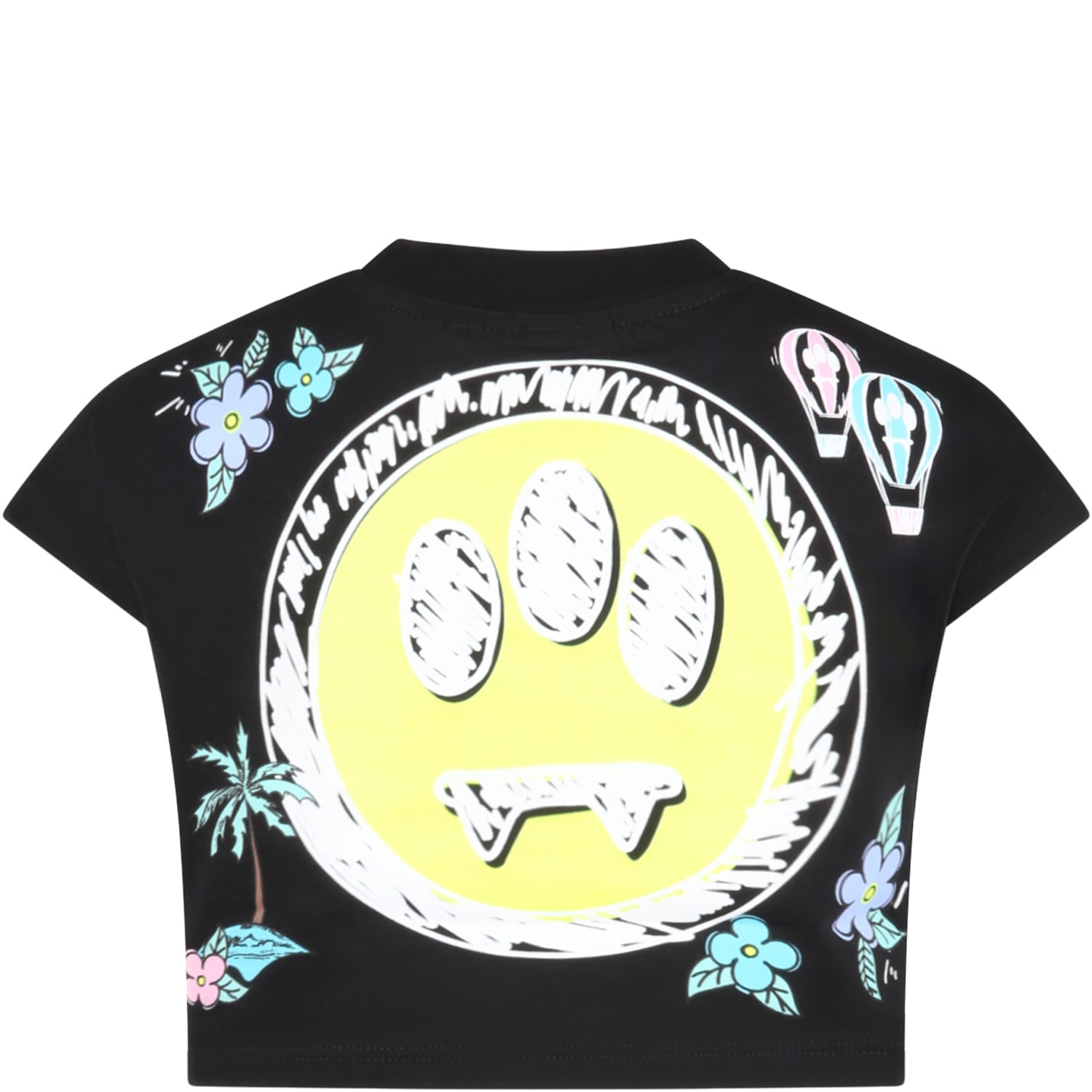 Barrow Kids' Black T-shirt For Girl With Smiley And Flowers In Nero