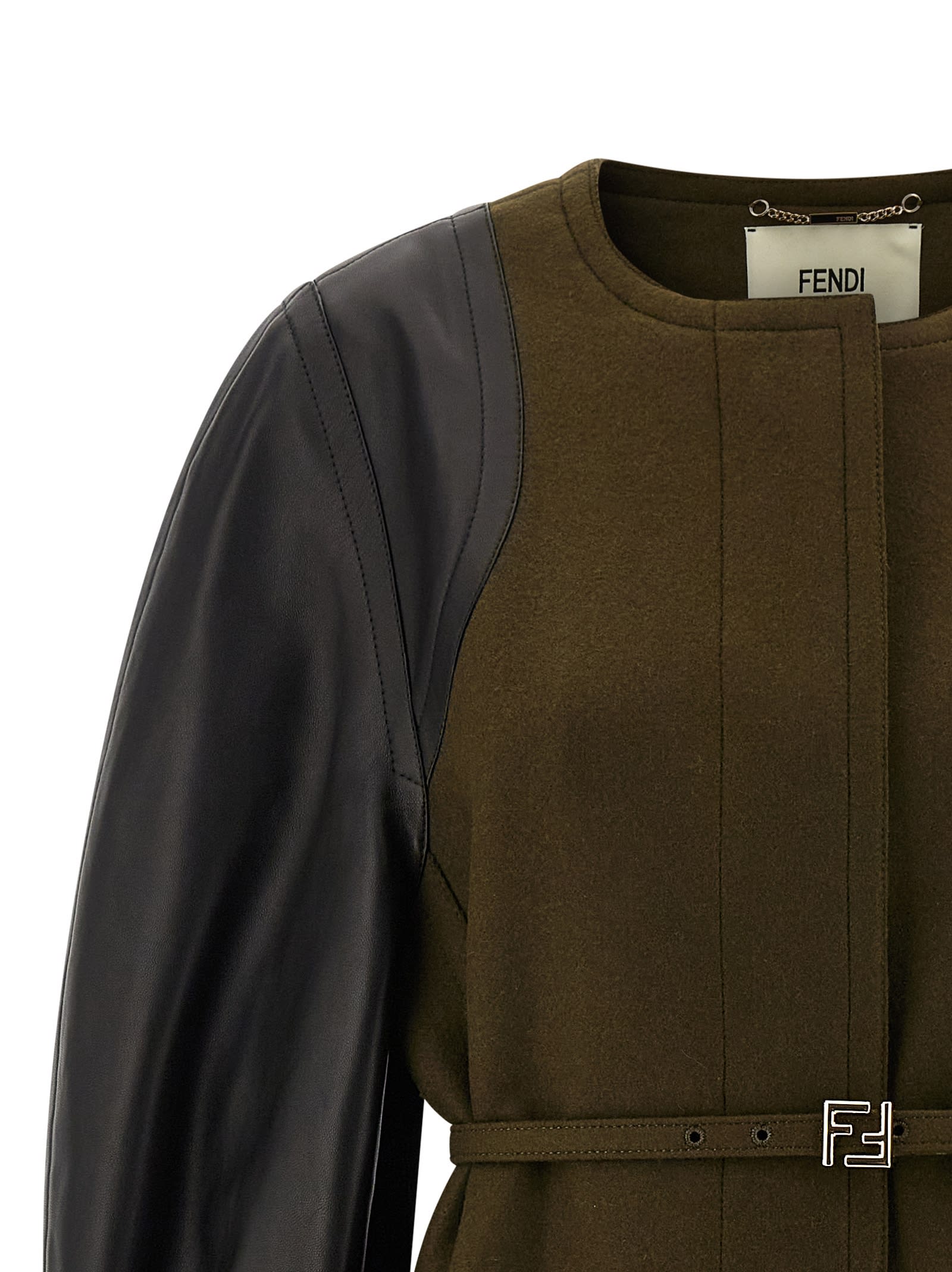 Fendi Women Green Crewneck Coat With Puffed Leather Sleeves And Belt With Ff Plaque In Wool And Visc In Green