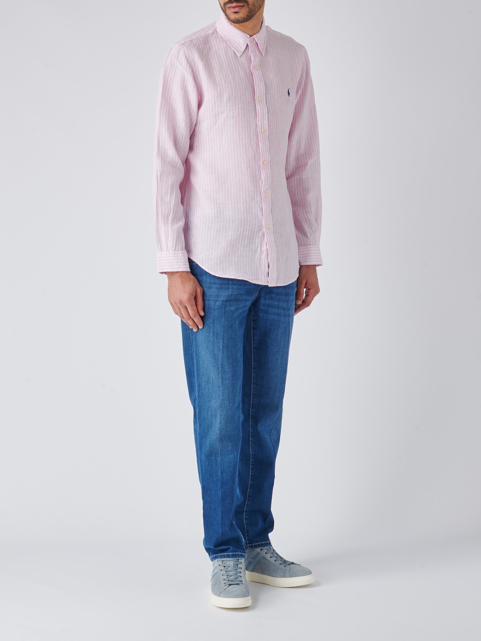 Shop Polo Ralph Lauren Long Sleeve Sport Shirt Shirt In Rosa-bianco