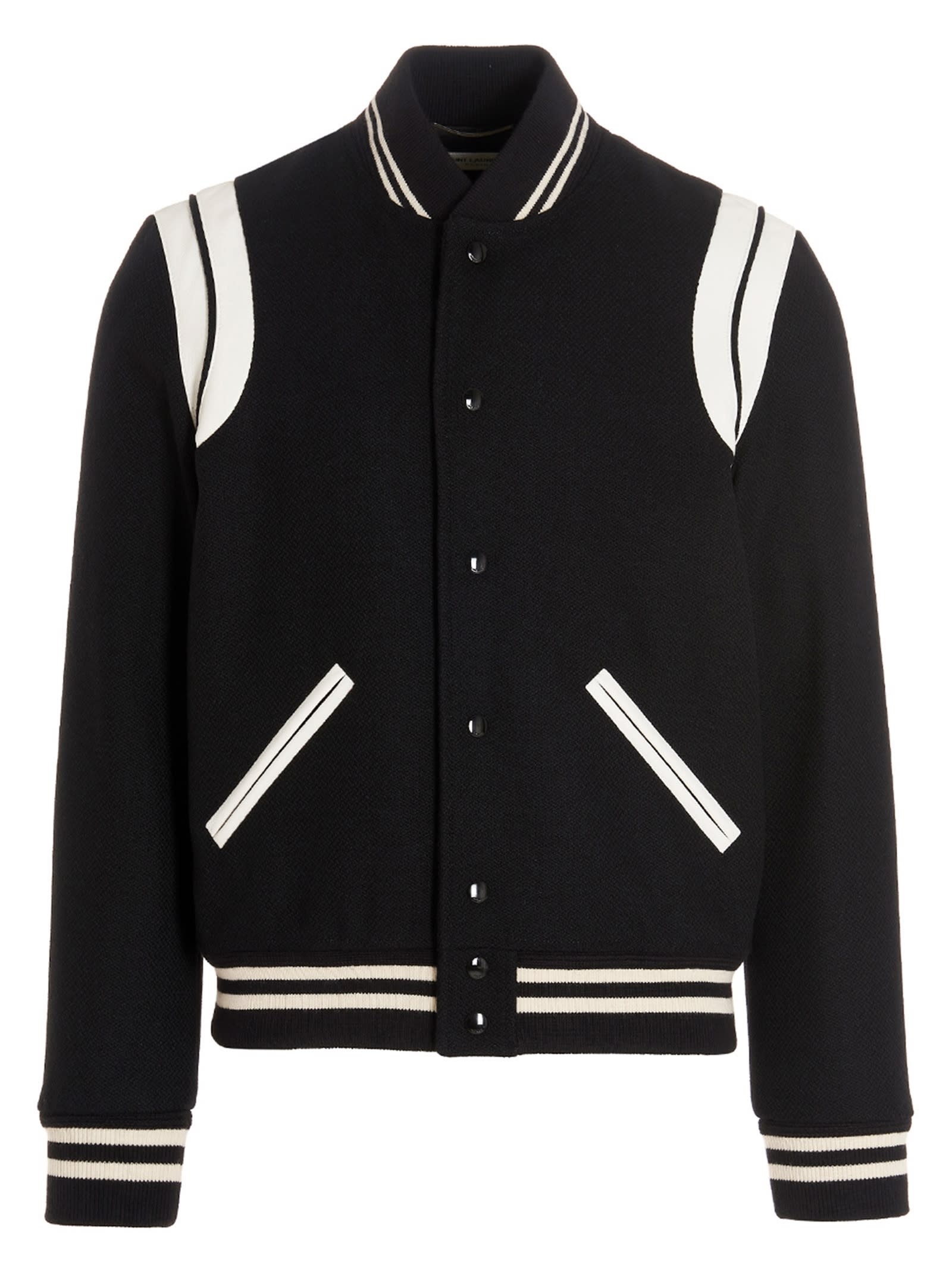 Shop Saint Laurent Teddy Bomber Jacket In White/black