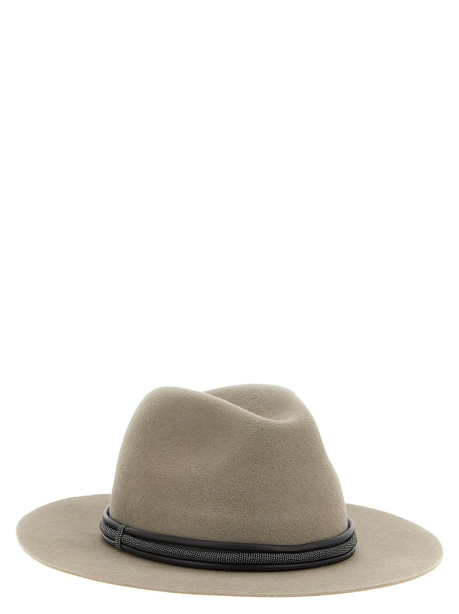 Brunello Cucinelli Fedora Hat With Tubular Leather Band And Monile Detail In Neutral