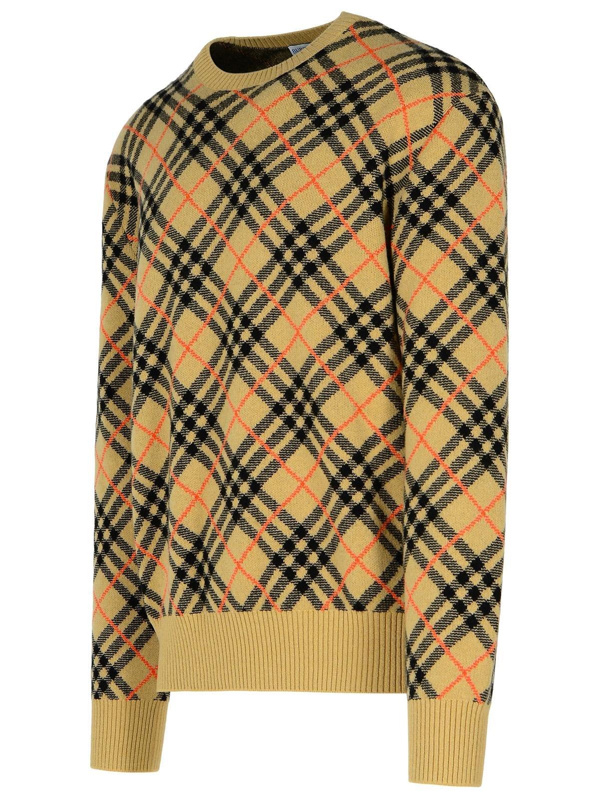 Shop Burberry Checked Knitted Crewneck Jumper In Beige