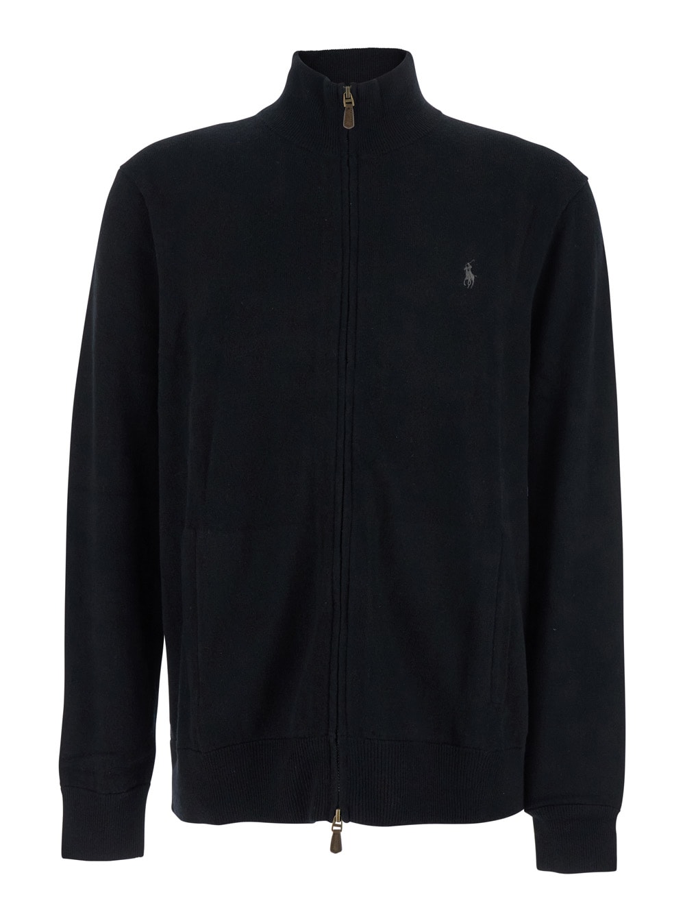Polo Ralph Lauren Black Cardigan With High Neck And Pony Embroidery On The Front In Wool Man In Black